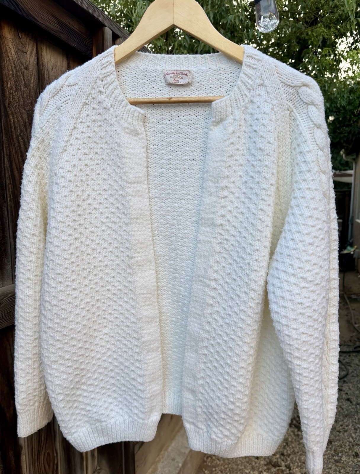 Vintage Handmade Cable Knit Cardigan Sweater Cream White Chunky Cozy Cottagecore