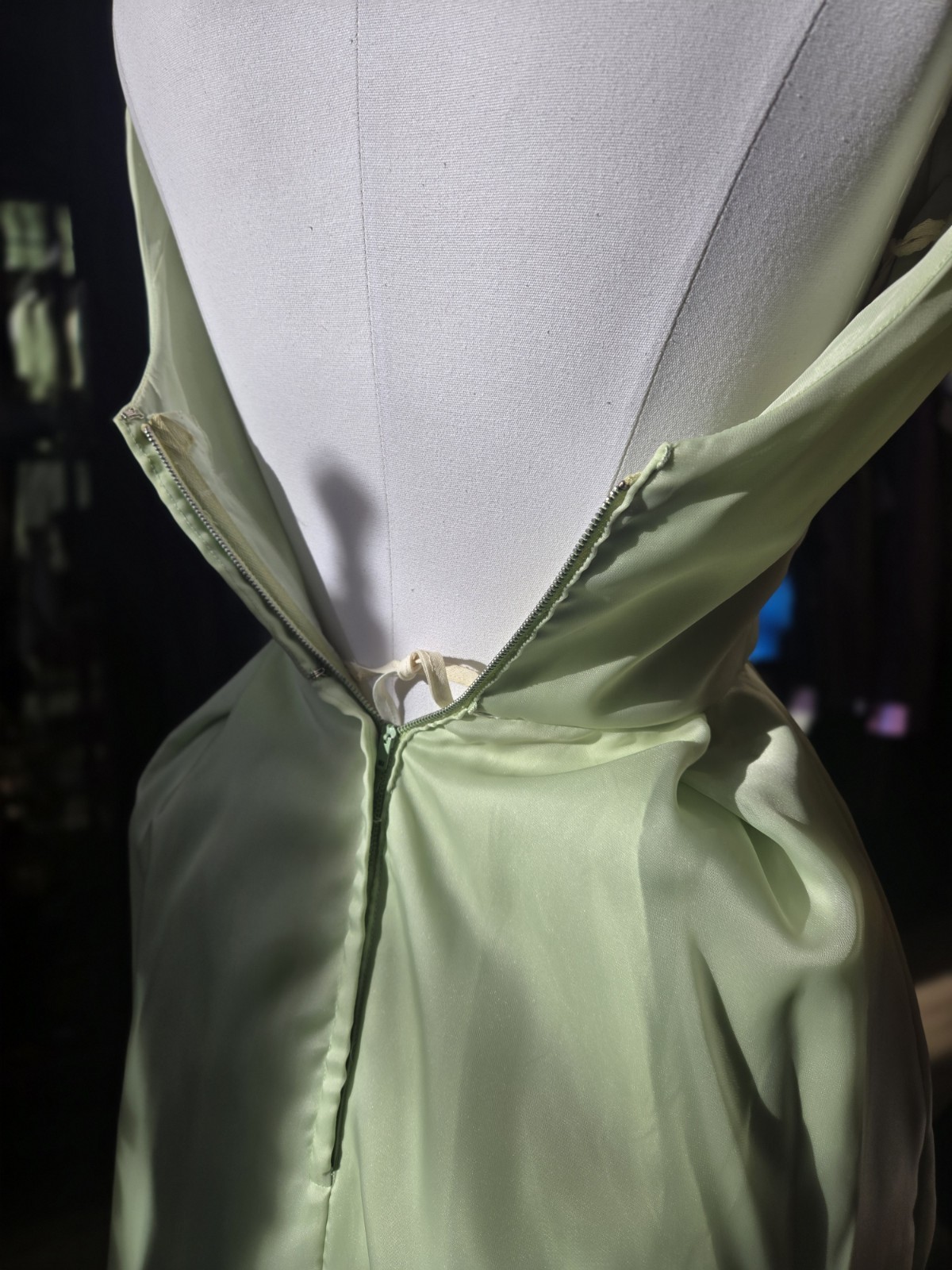 VTG 1960s Princess Pastel Green Organza Sleeveless Maxi Dress Floral Beaded