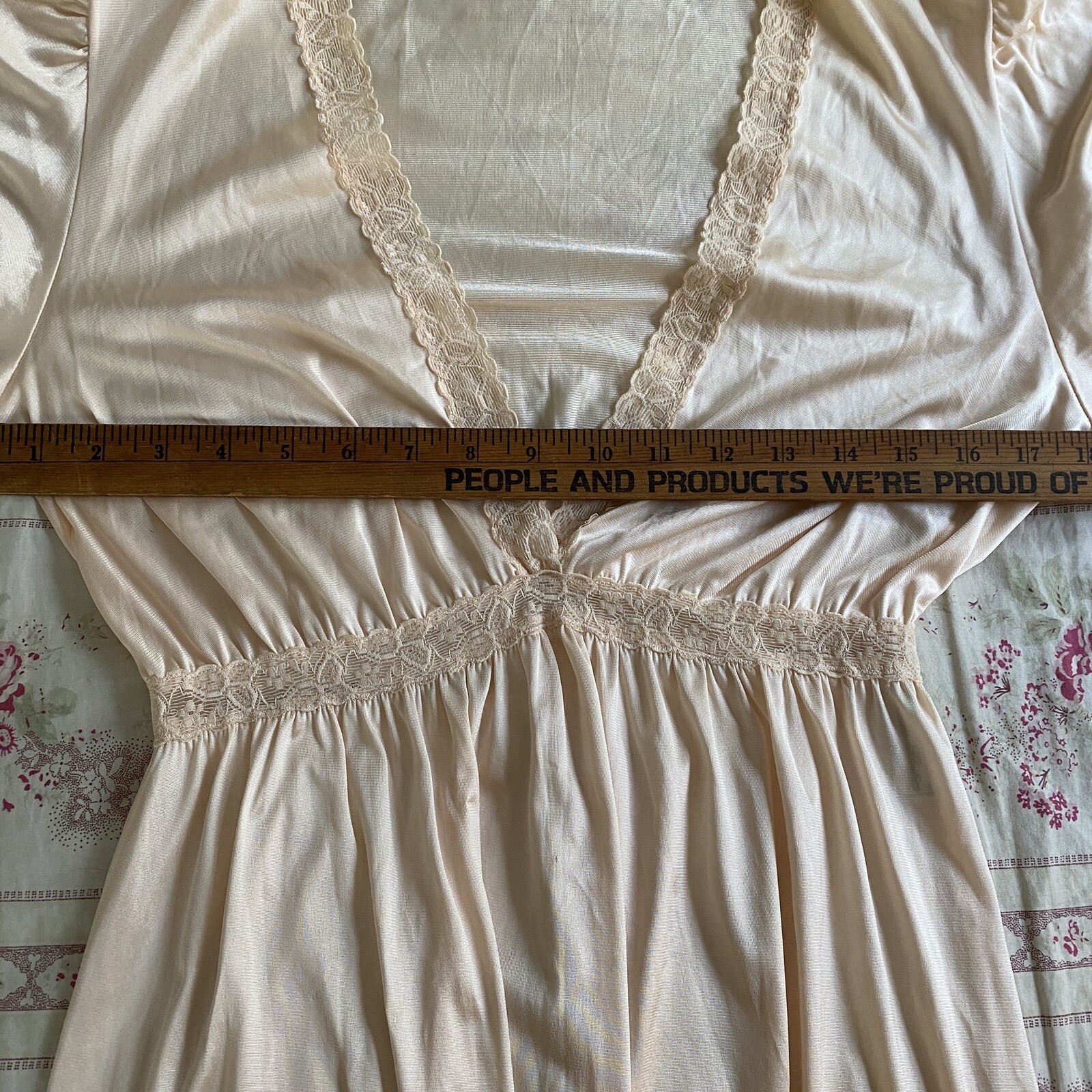 Vintage 60s 70s Sears Plunging Neckline Lacy Long Nightgown Peach 36 Small