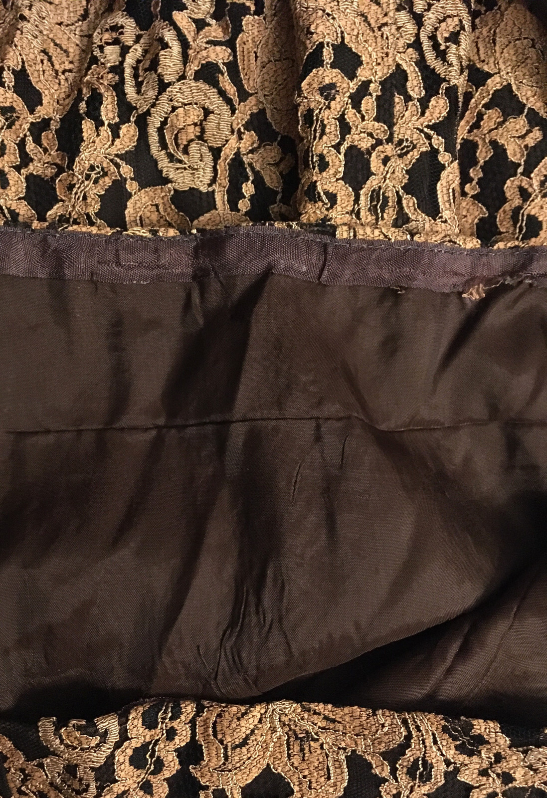 1980s Vintage Travilla YT Brown Sheer Draped Chiffon Gold Lace Cocktail Dress XS