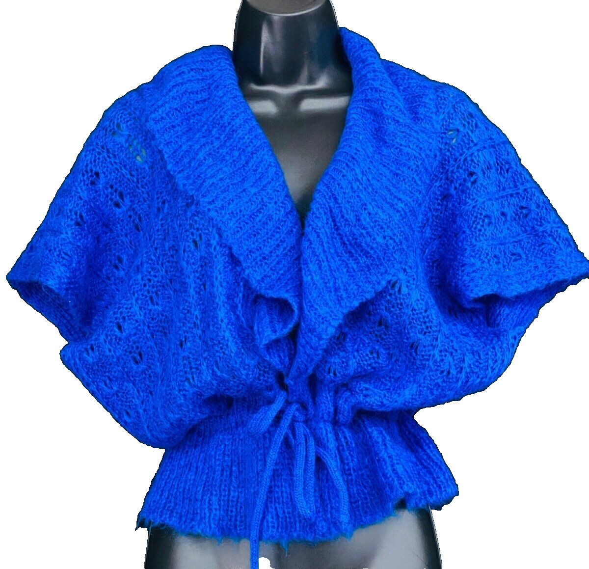 Vintage 1970s blue sweater, boho knit acrylic shawl wrap Victorian drawstring