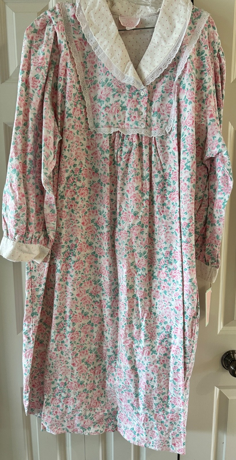 Vintage NWT Sears Just For Women 2X Cotton Flannel Pink Rose Floral Long Gown