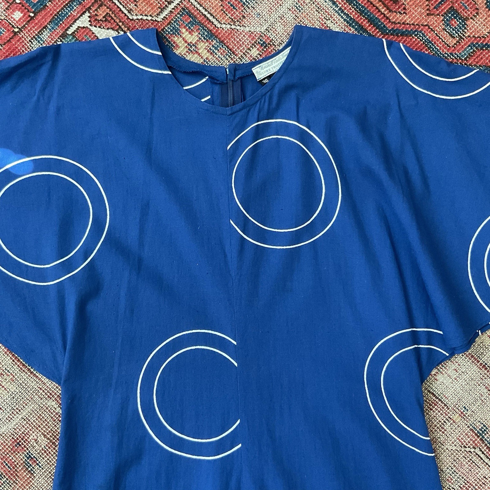 Vintage 1970s VUOKKO Finland Blue Circles Cotton Dress Kimono Sleeve Modernist