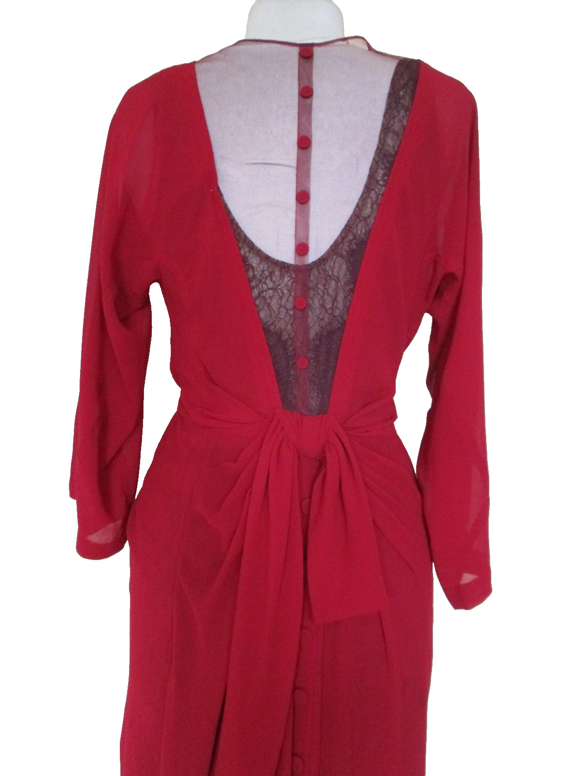 Vtg 30s Style Handmade Dress Womens S/M Red Chiffon Lace Cami Mesh Inset