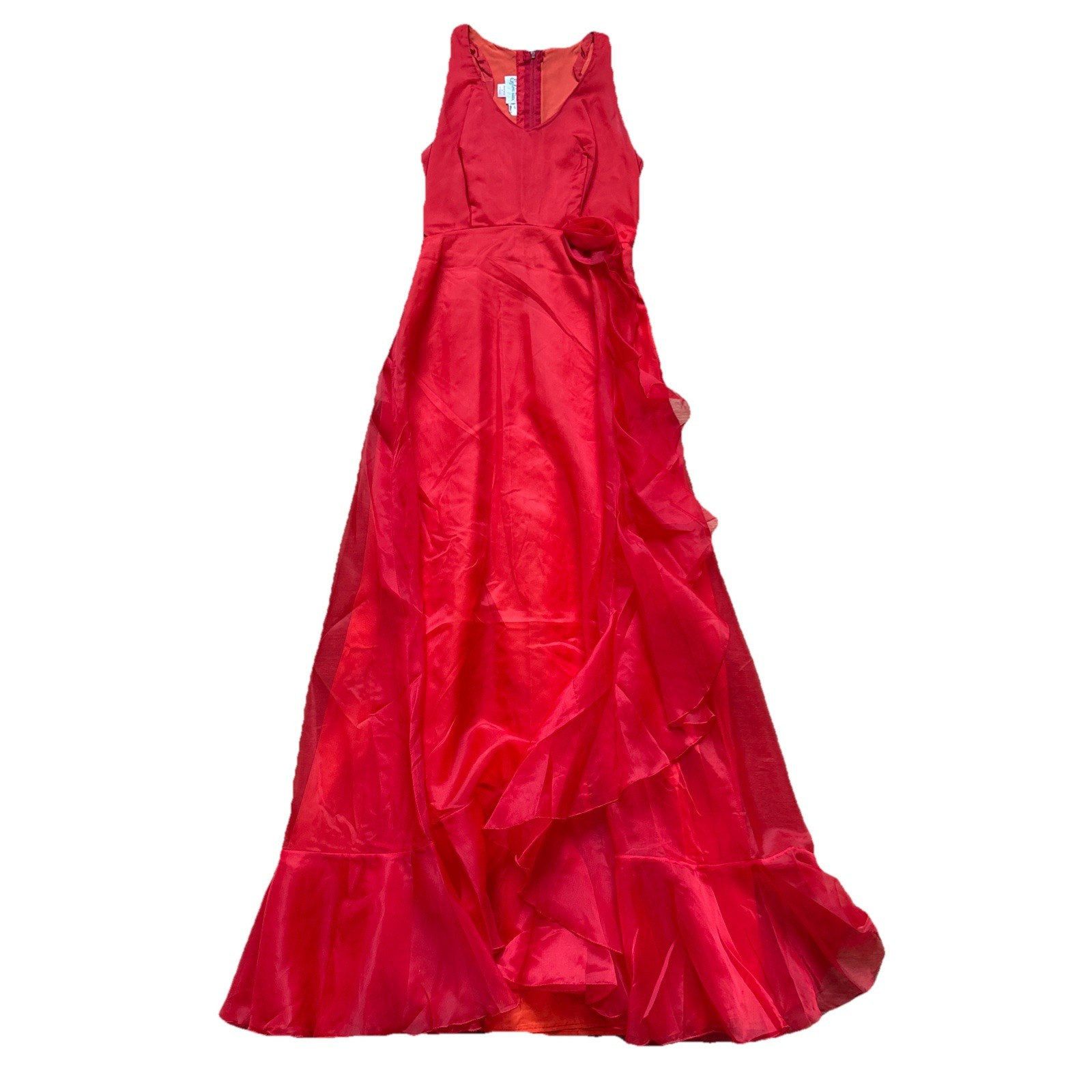 Vintage 70s Sylvia Ann Red Chiffon Maxi Dress rose Halter Neck Gown Sz 6