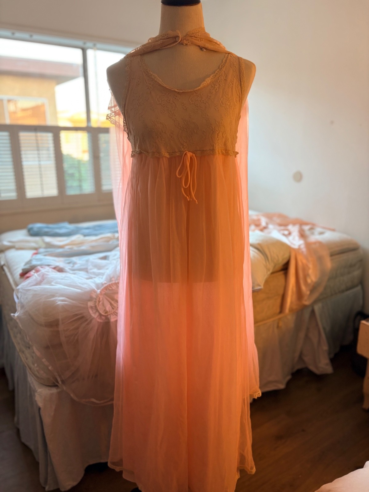 VTG 60s Aristocraft Pink Peignoir Set Sheer Chiffon Lace Nightgown Robe Small