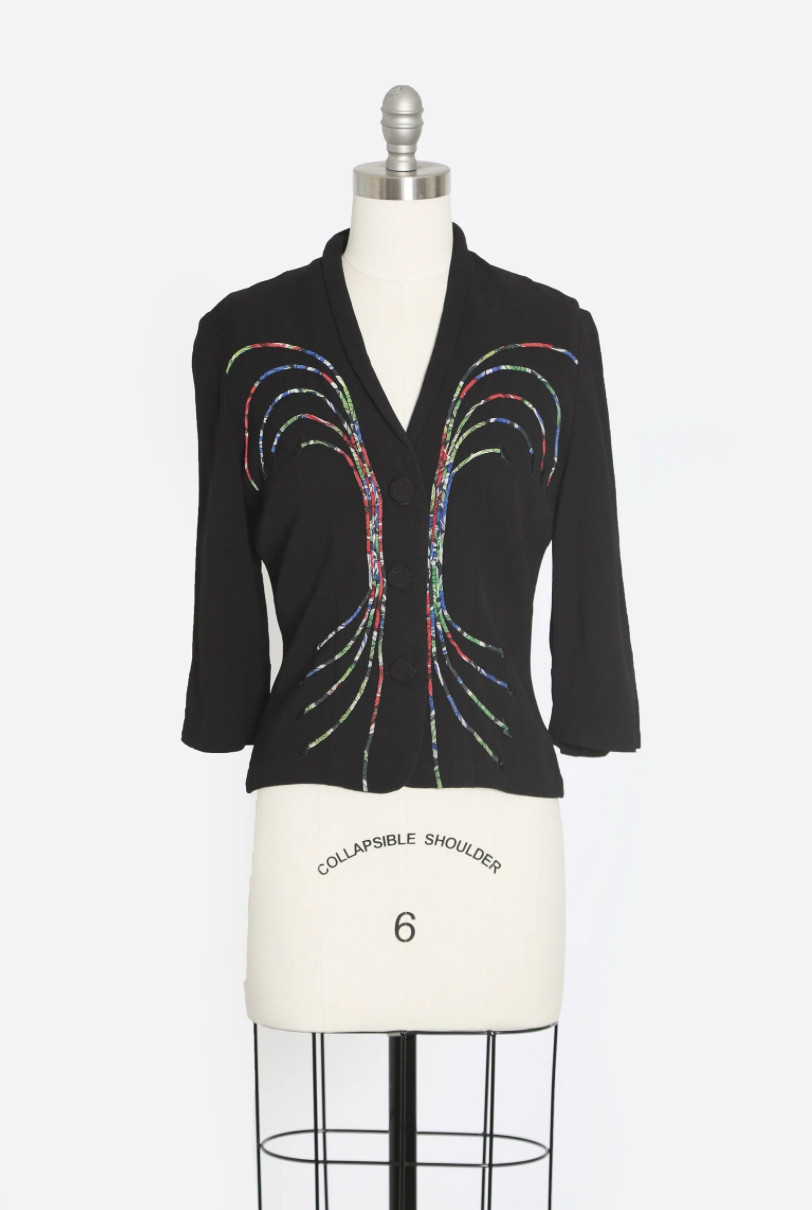 Vintage 40s rayon crepe embroidered rainbow arrow blouse