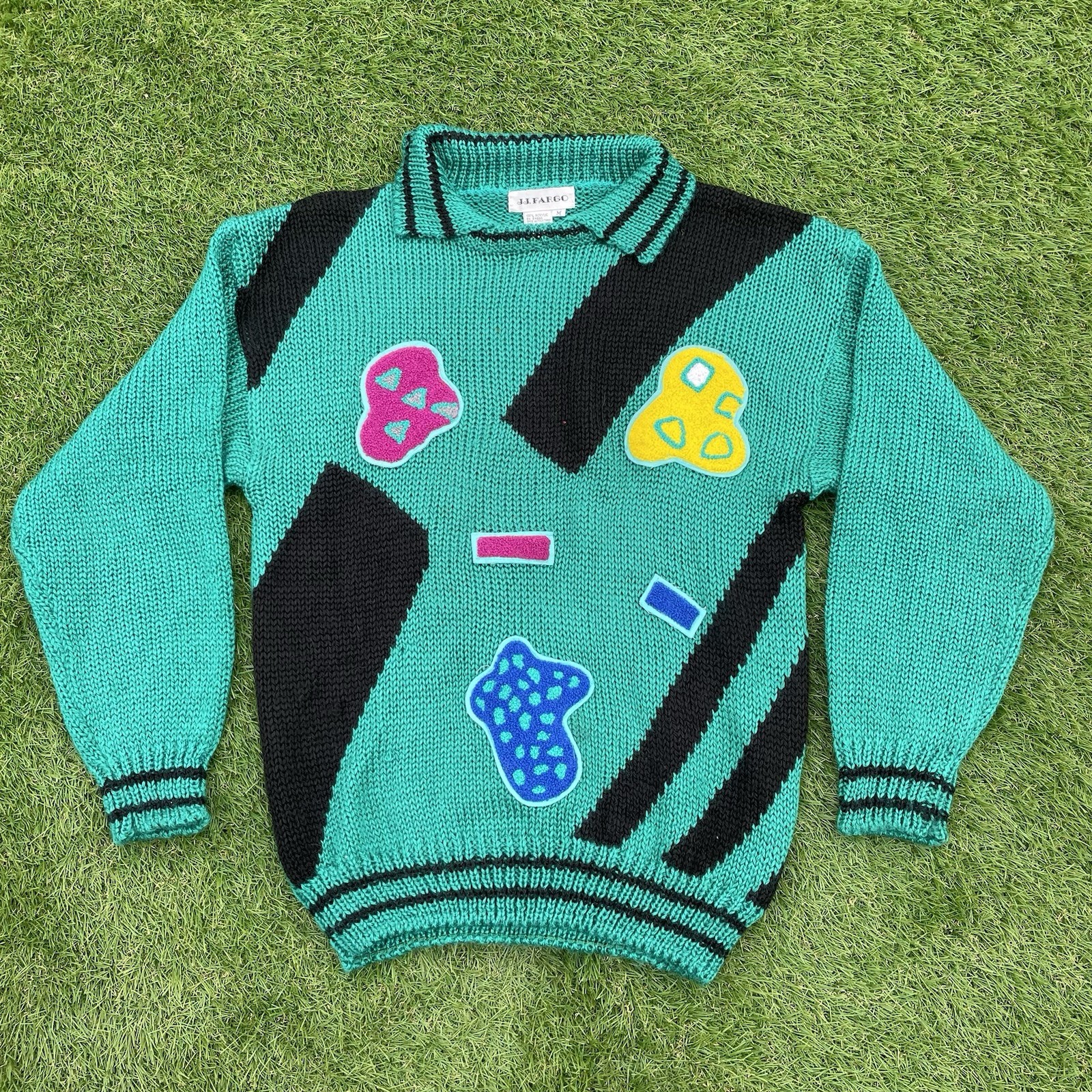 VTG 80s JJ Fargo Sweater Womens Medium Green Collar Pullover Funky Patches