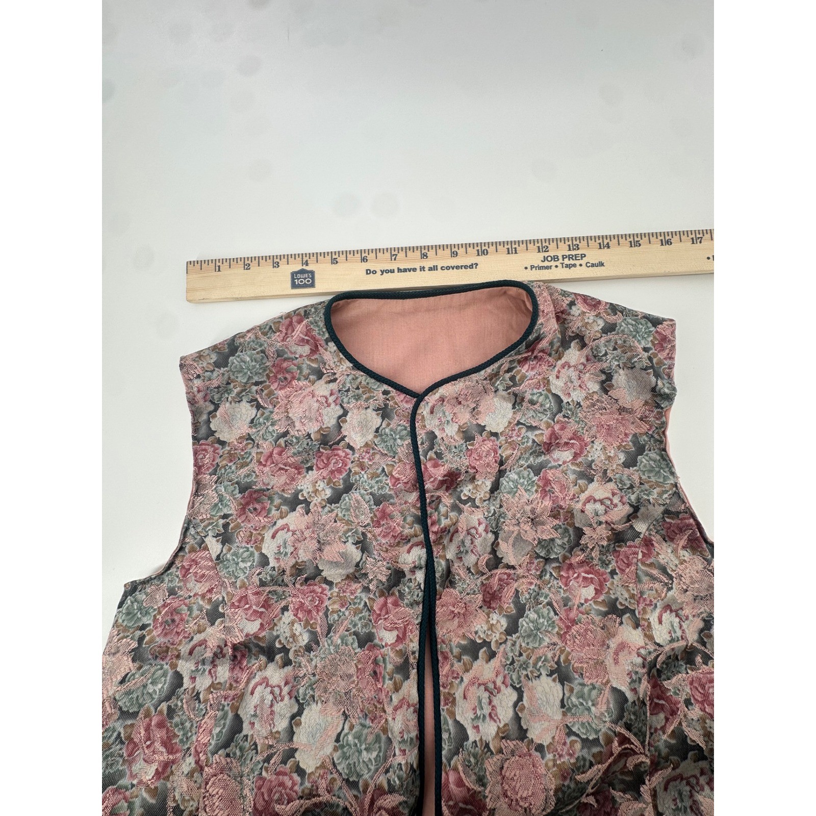 Vintage Handmade Floral Tapestry Vest Pink Rose Brocade Open Front Cottagecore