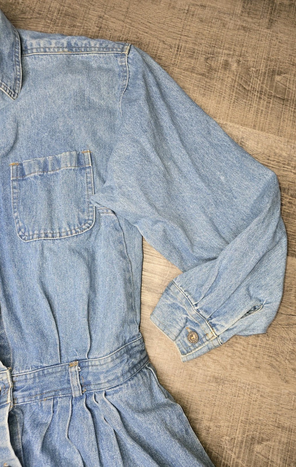 Vintage Susan Bristol Denim Midi Button Front Cinched Waist Long Sleeve Dress S