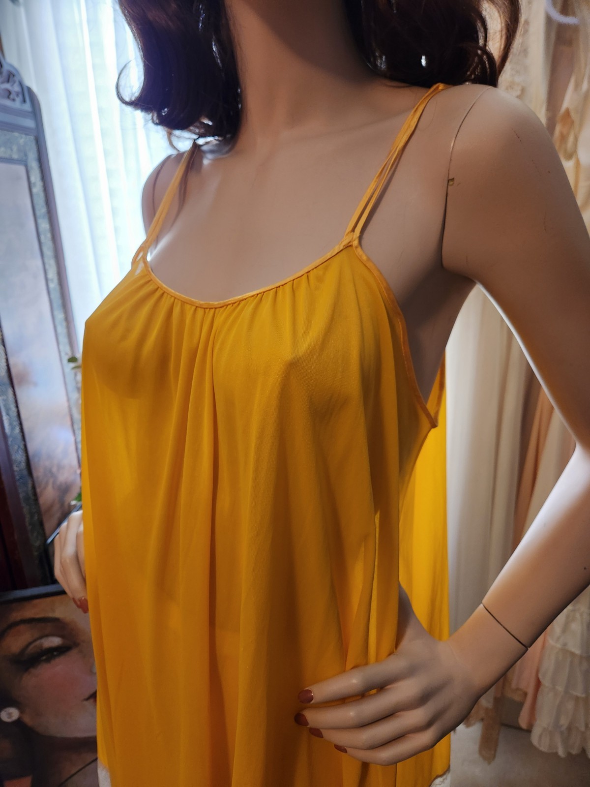 Vtg 60s Rare Van Raalte Mustard Yellow Nylon Babydoll Lace Hem Nightgown