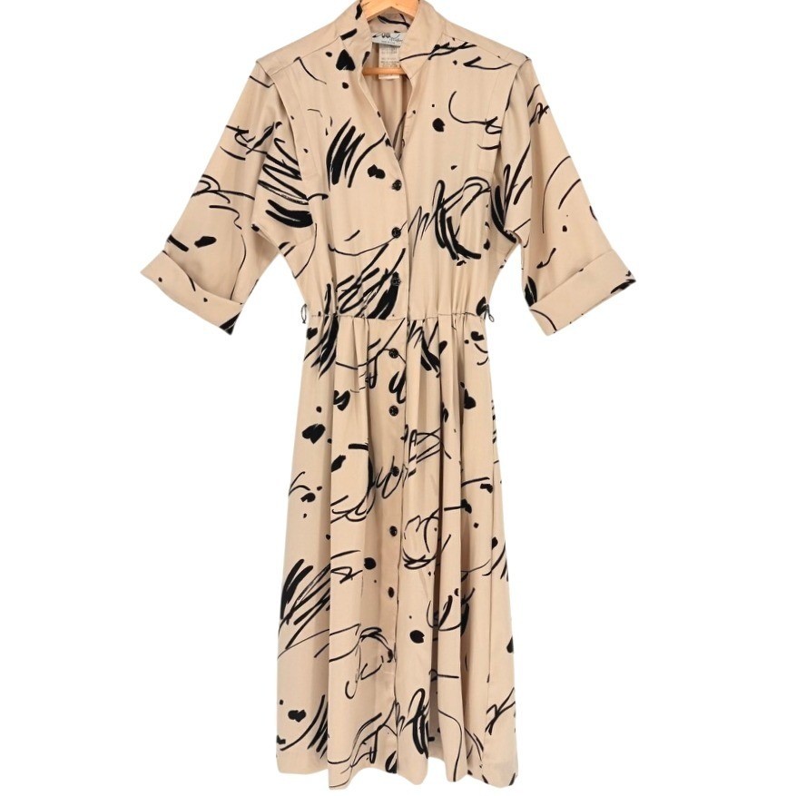 Vintage 80s Abstract Secretary Shirt Dress Beige 10 Willi California Mod Retro
