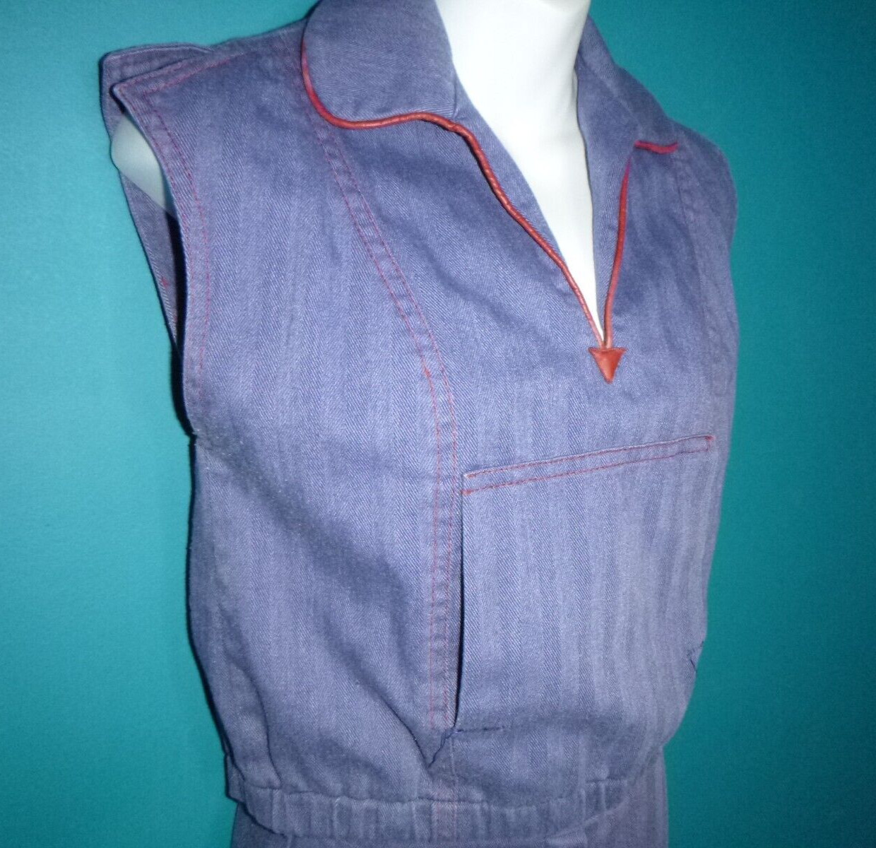 Vtg 70s Groovy The Suit Brand Blue Twill Top & Wide Leg Pants Pleather Trim Sz S