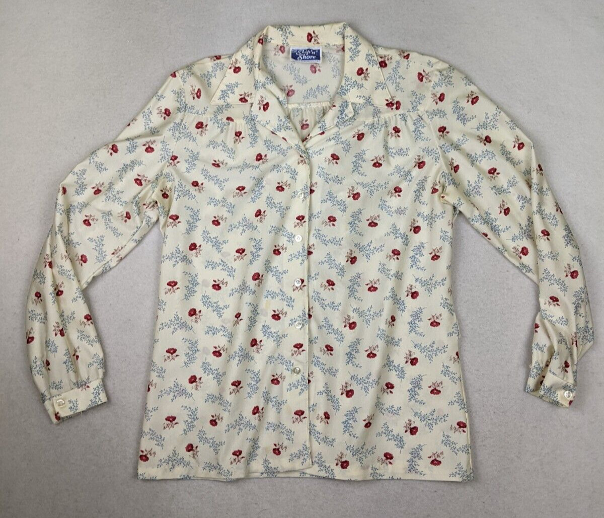 VINTAGE 70s WOMEN’S CREAM FLORAL PRINT NYLON TOP – SHIP’N SHORE – SIZE 14