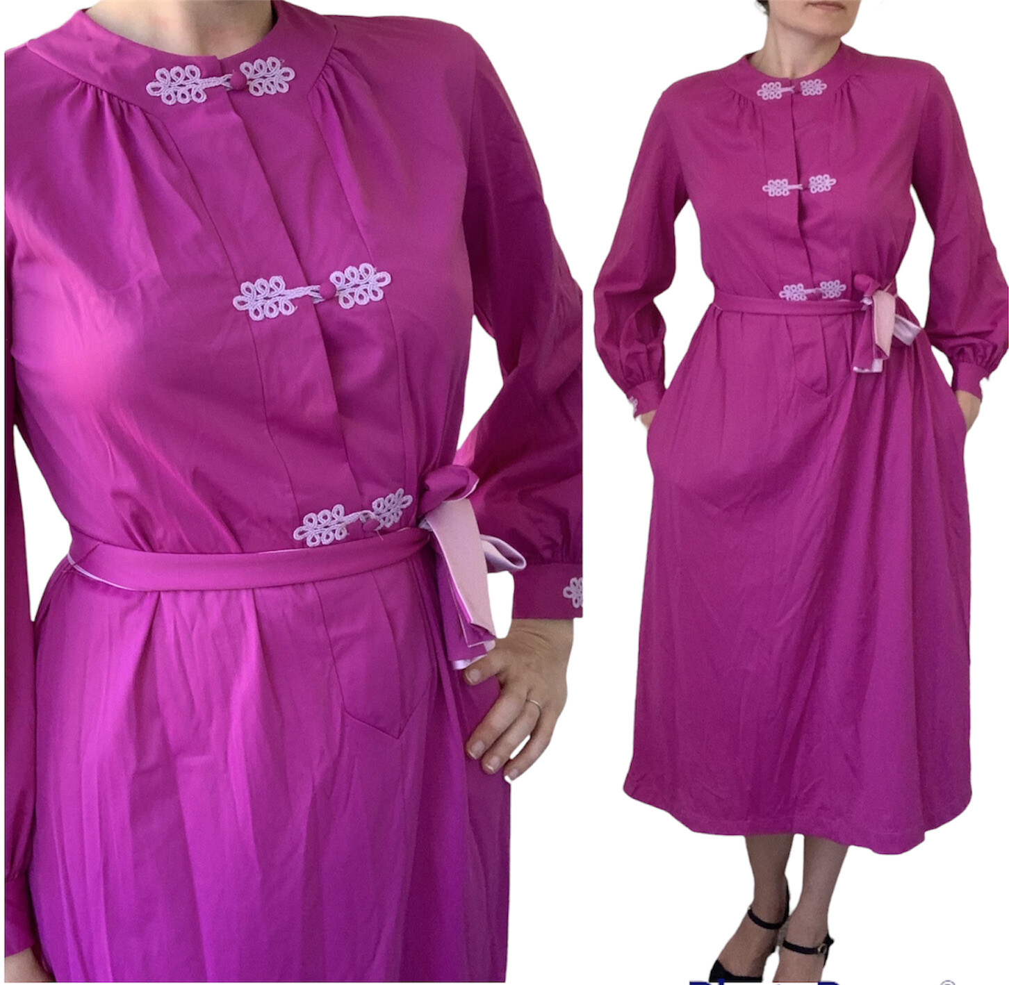 VINTAGE Asian Style Mandarin Nightgown Nylon Purple House Dress Lounge 60s 70s