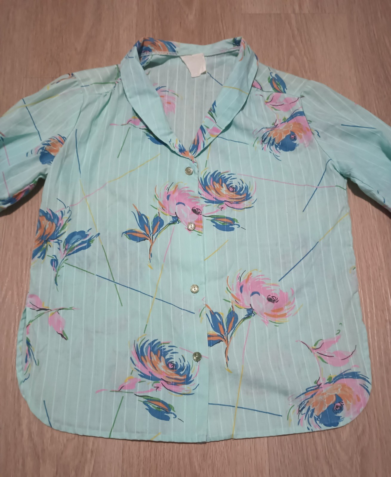 Vtg 80s Green Blue Shawl Collar Button Up Blouse Top new wave kitsch paint M L