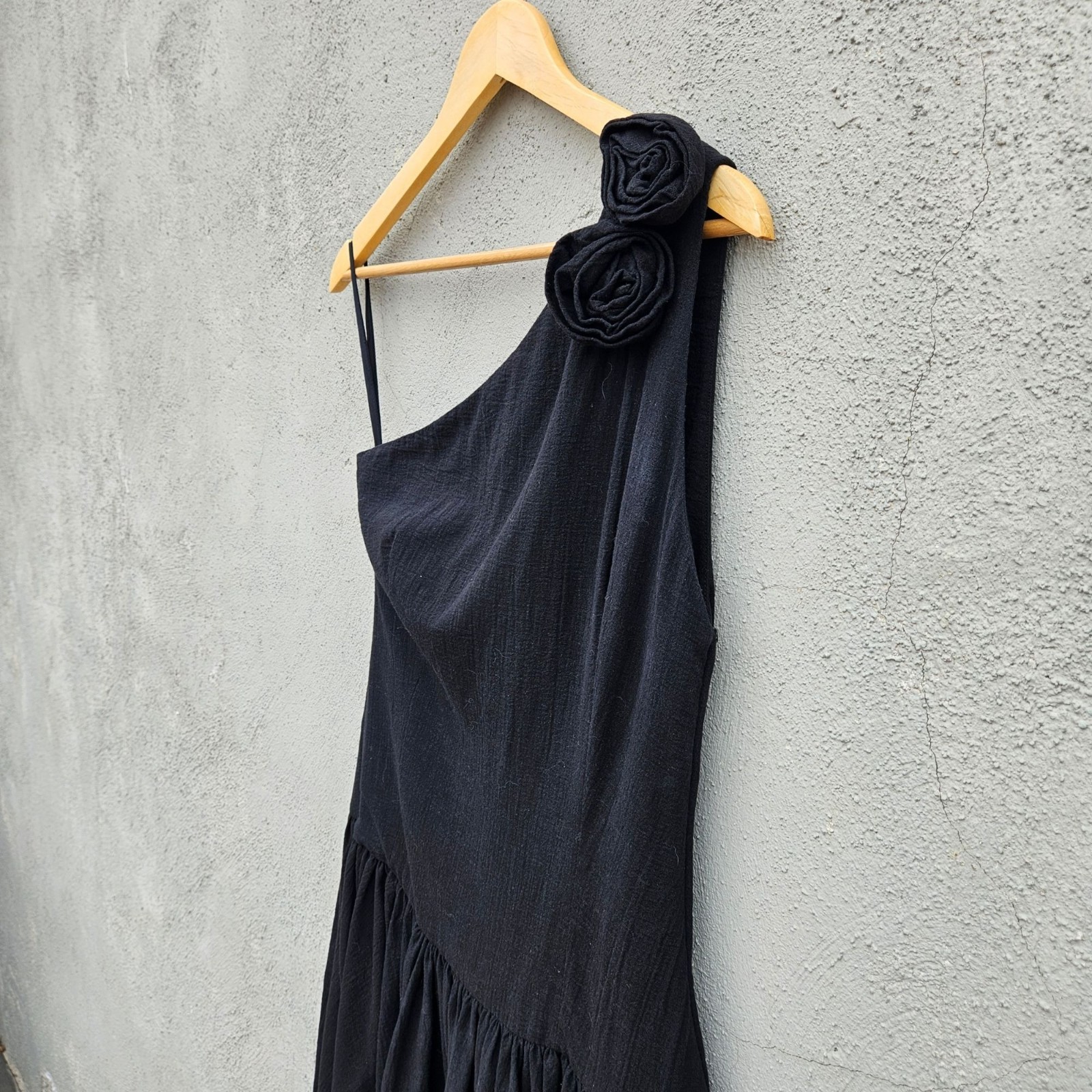 Vintage 80s Georges Rech Paris Black Cotton One Shoulder Dress Rosette Small