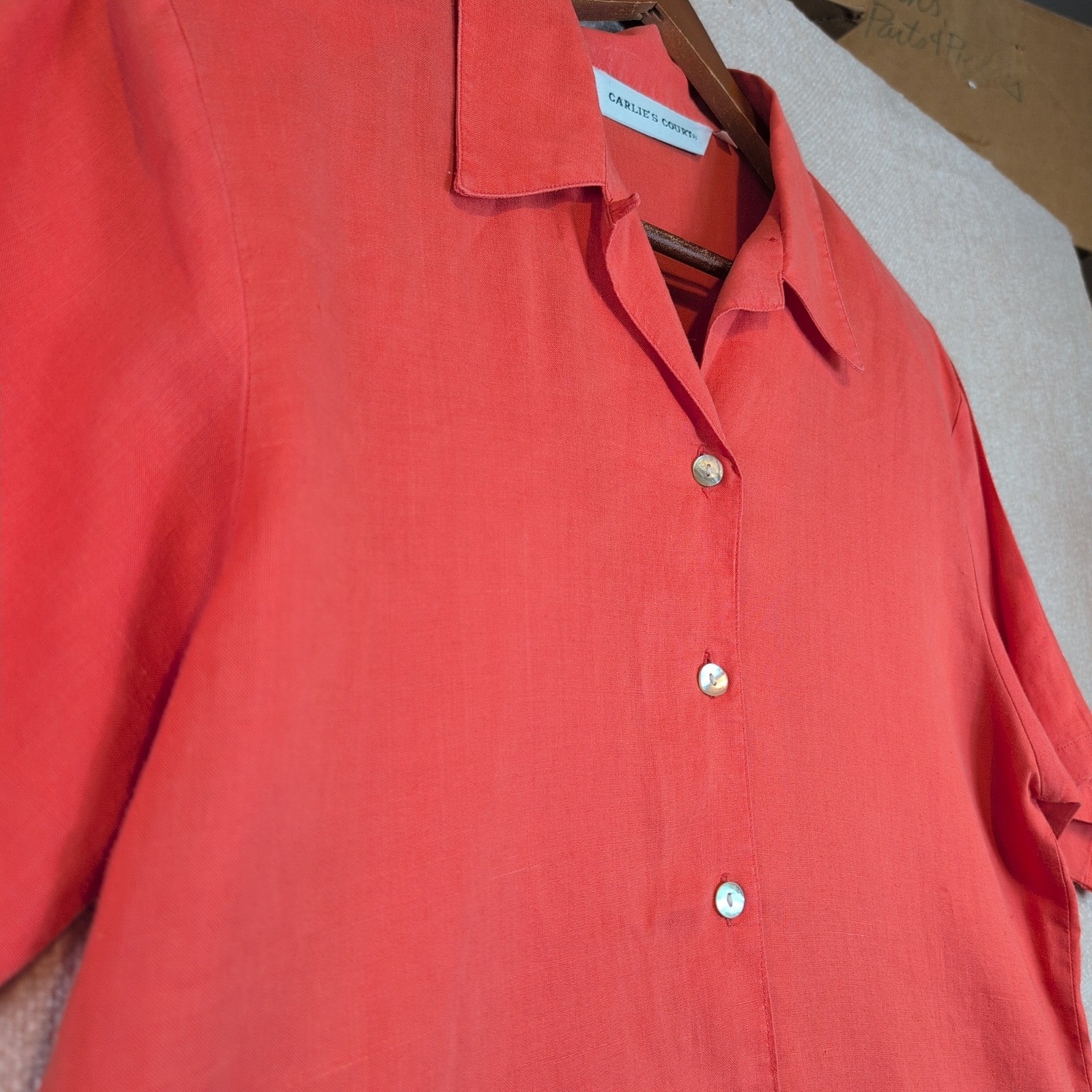 VTG Carlie’s Court Linen Shirt Coral Pink Shoulder Pads Sz 14 Cottagecore Light