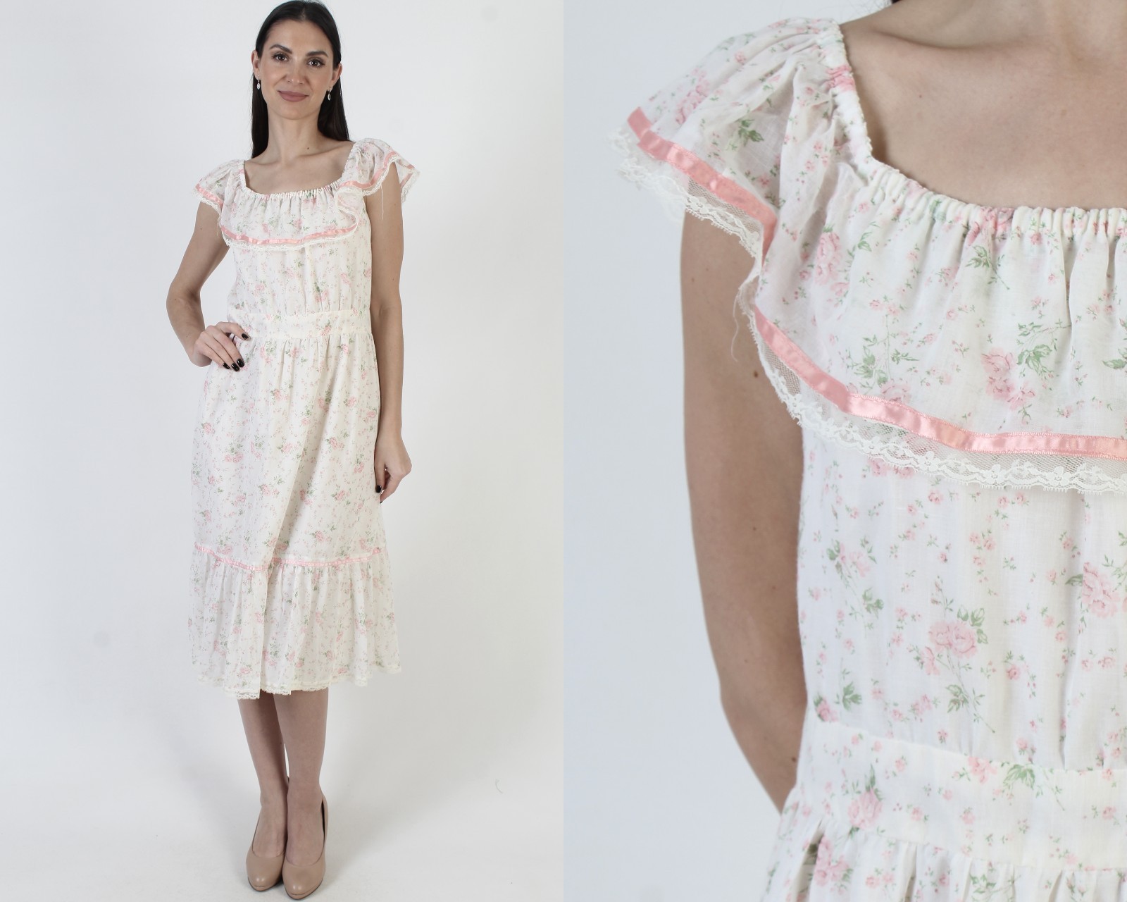 Vtg 70s White Off The Shoulder Prairie Dress Pink Floral Calico Cottage Sundress