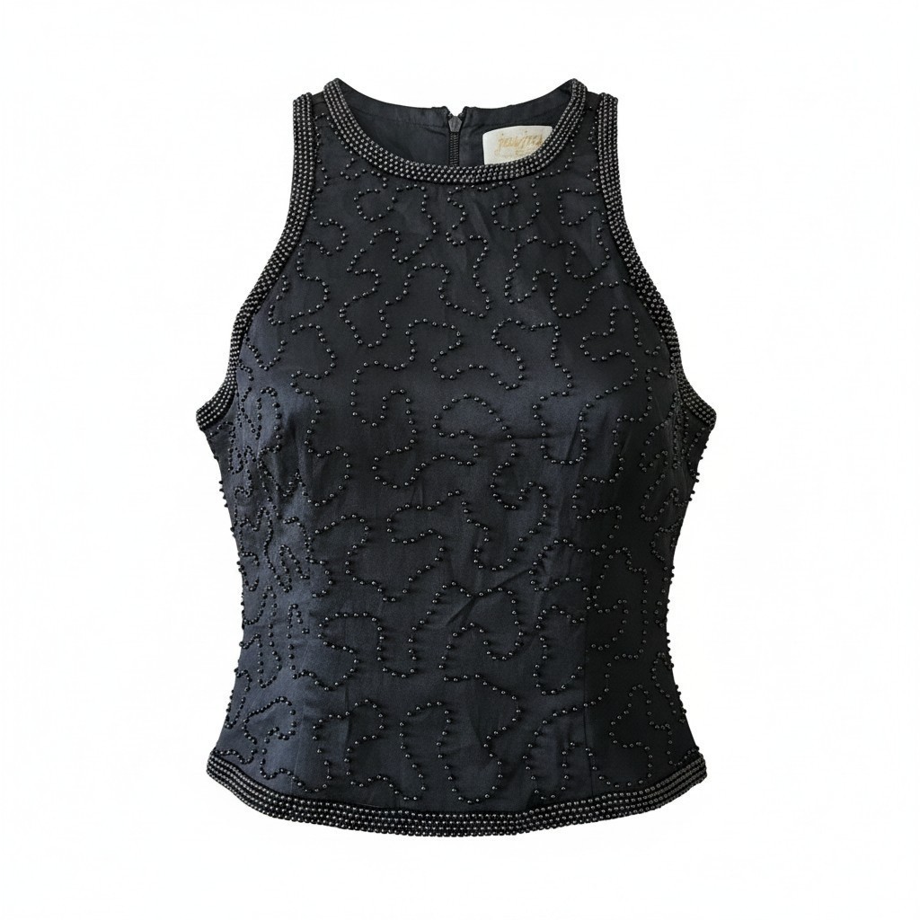 Jasjas Designs New York VTG Women’s Silk Beaded Sleeveless Sequin Top BLACK XL