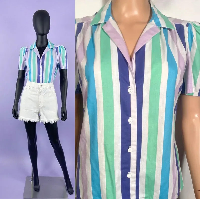 Vintage 1970s Pastel Striped Blouse Size S/M