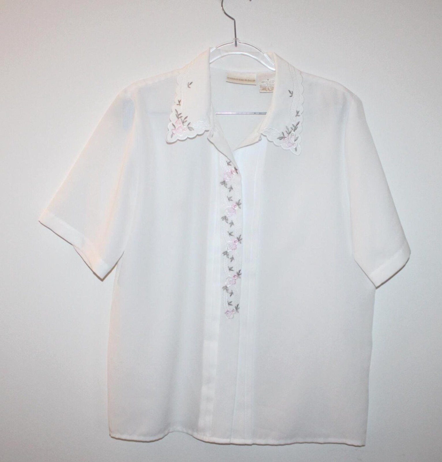 White Floral Embroidered Blouse Christie & Jill Sz 8 Short Sleeve Vintage Top