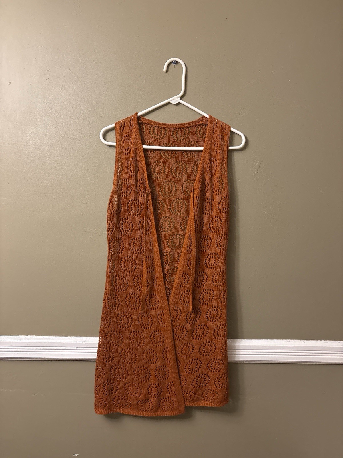 Boho Crochet Knit Sleeveless Vest Long Open Front Rust Orange Festival S