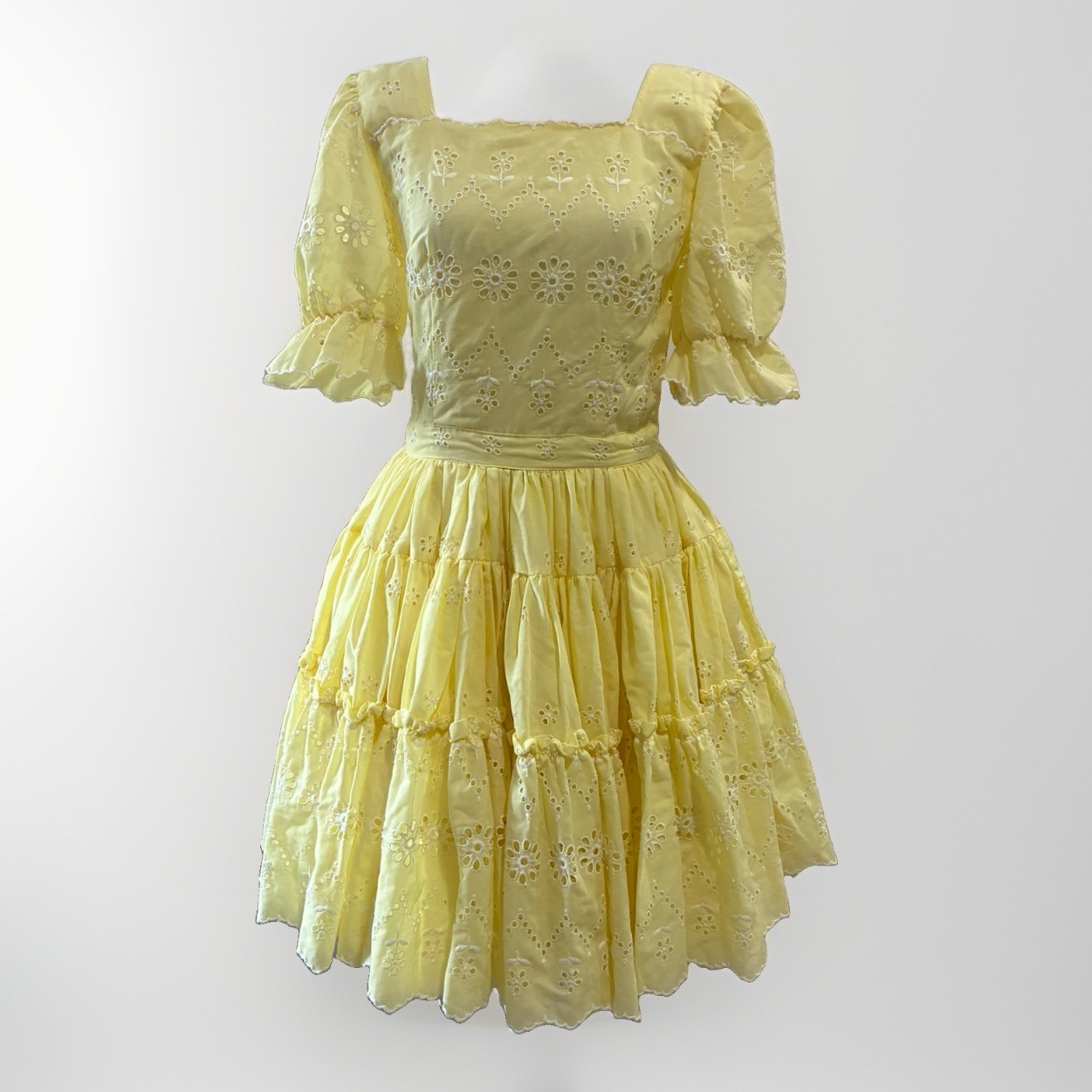 Vtg. Prairie Square Dance Dress Yellow Eyelet Lace Ruffle Handmade Small Bo Peep