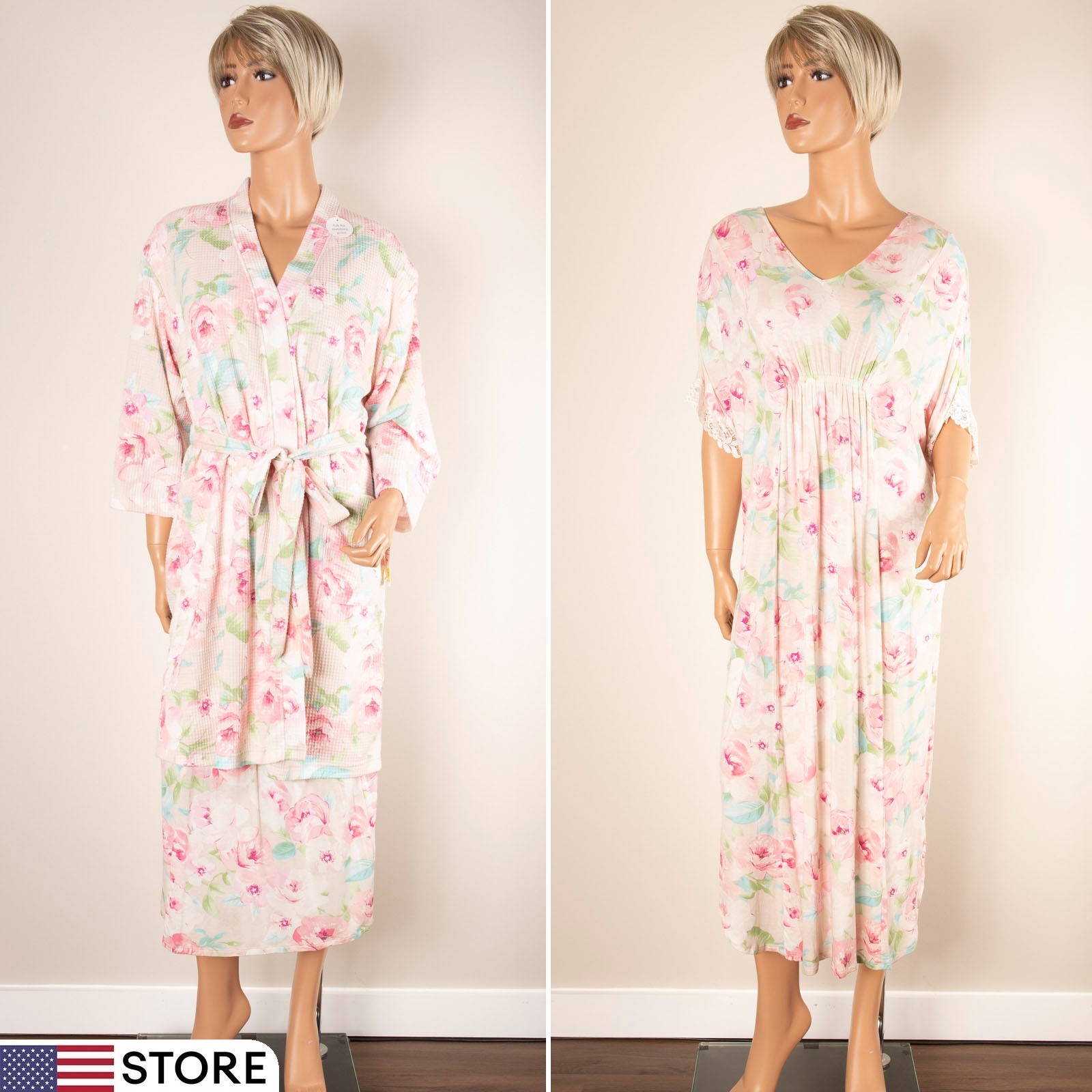 Vtg MISS ELAINE Waffle Knit S Pink Floral Jacket & Nightgown 2 PC Set Belt NWT