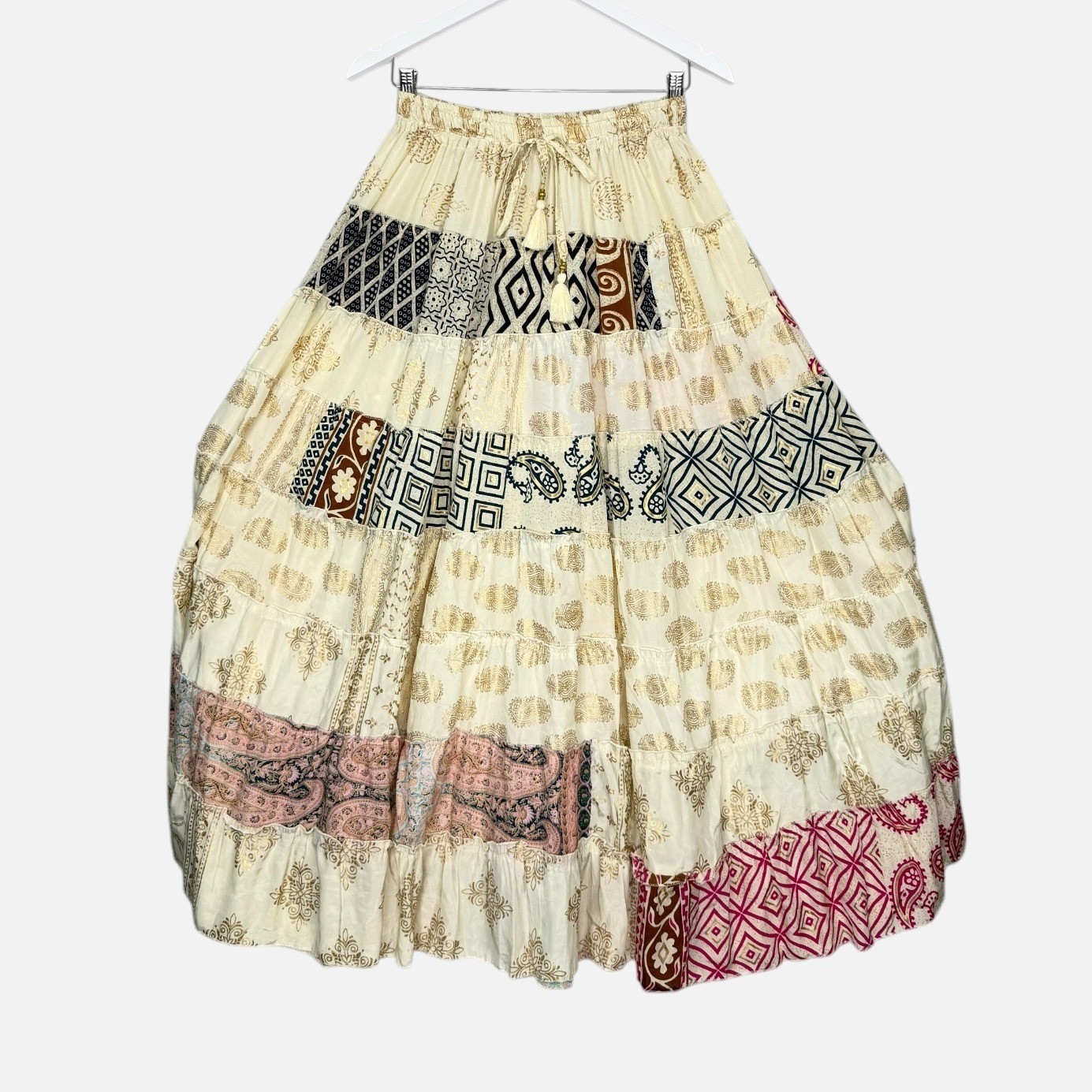 Handmade Boho Patchwork Maxi Skirt Small Cream Gold Paisley Tiered Festival