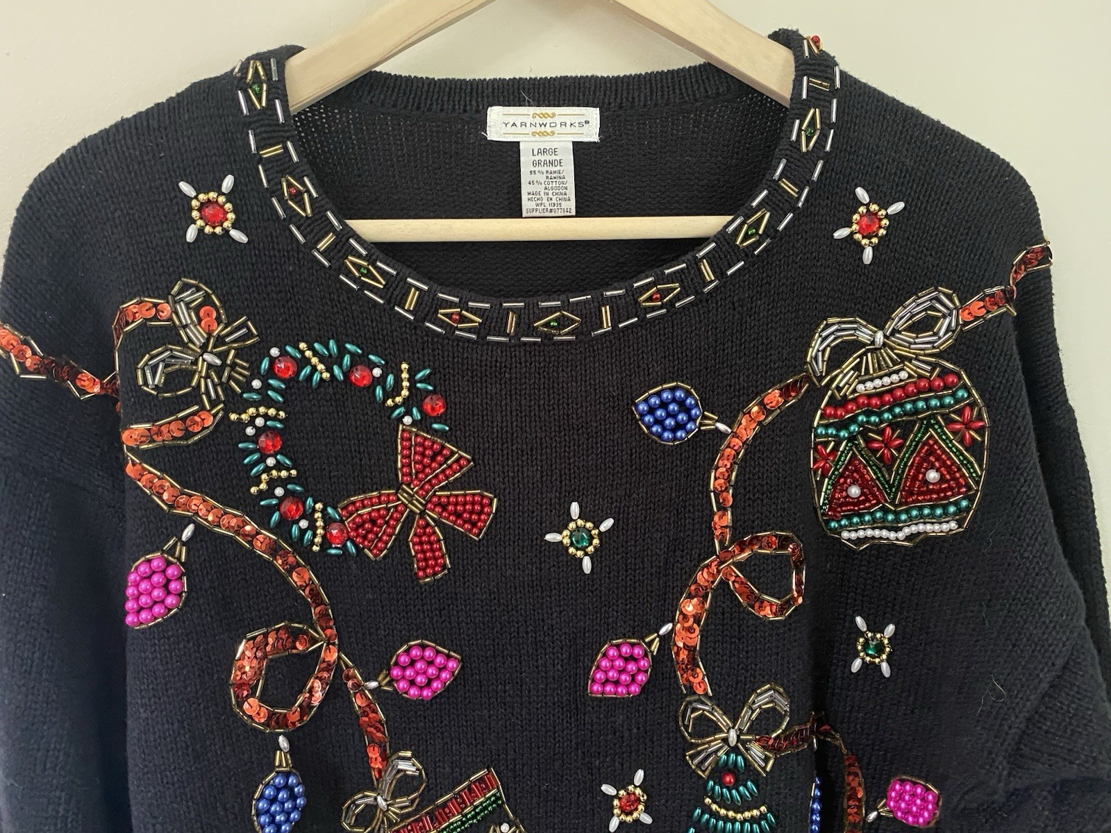 Vintage YarnWorks Beaded Sequin Christmas Sweater Tree Wreath Ornament Star L
