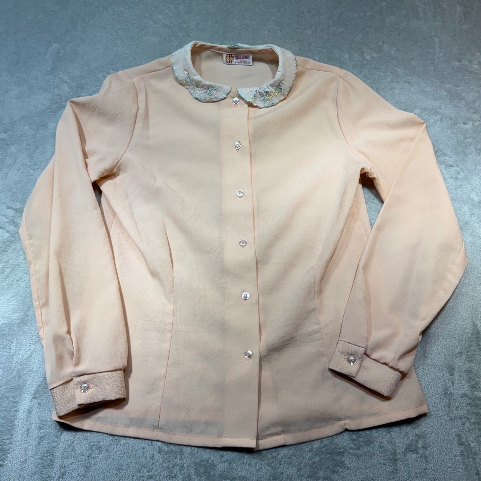 Vintage 70s Peach Embroidered Peter Pan Collar Blouse M Cottagecore Soft Girl
