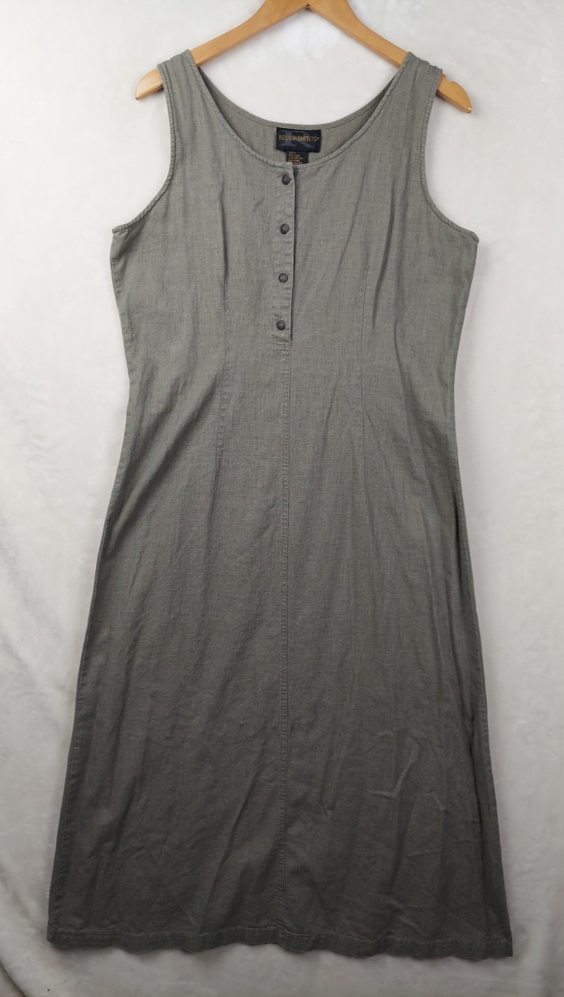 Vintage 90s Requirements Midi Dress Women Medium Olive Linen Blend Minimalist