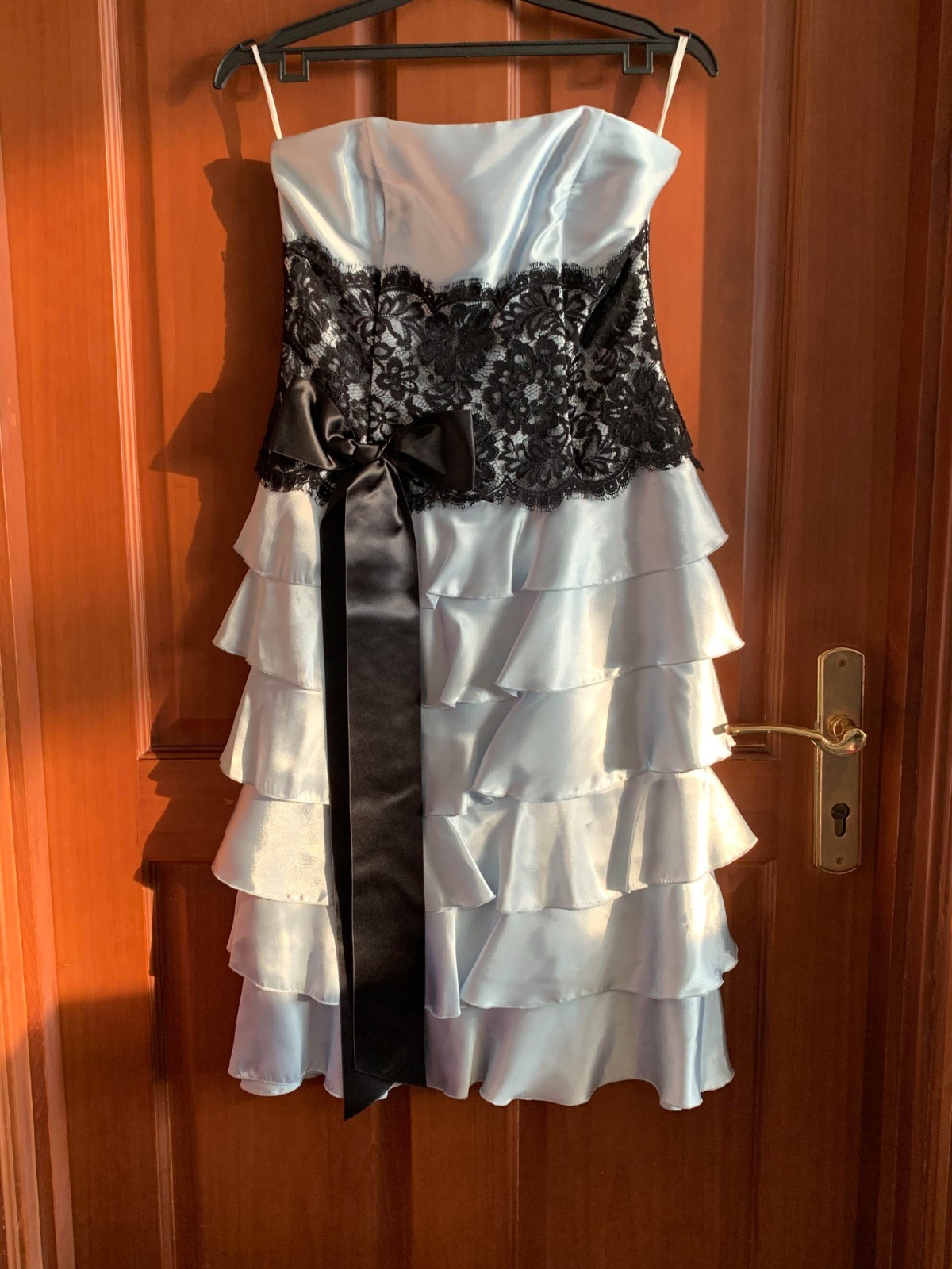 Vintage Jessica McClintock Y2K Prom Dress Icy Blue Satin Black Lace Ruffle Sz 8