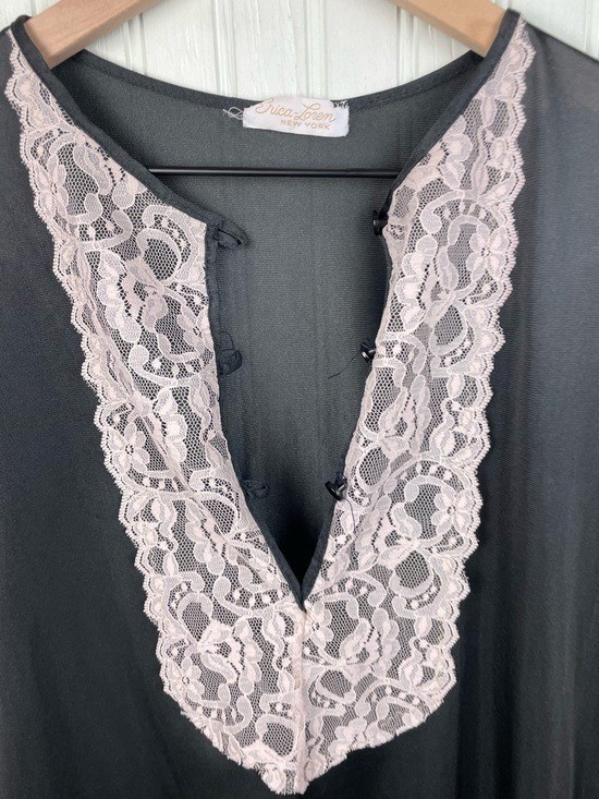 Vintage 60s Erica Loren Black Cream Lace Tunic Nightie Lingerie Top Coquette