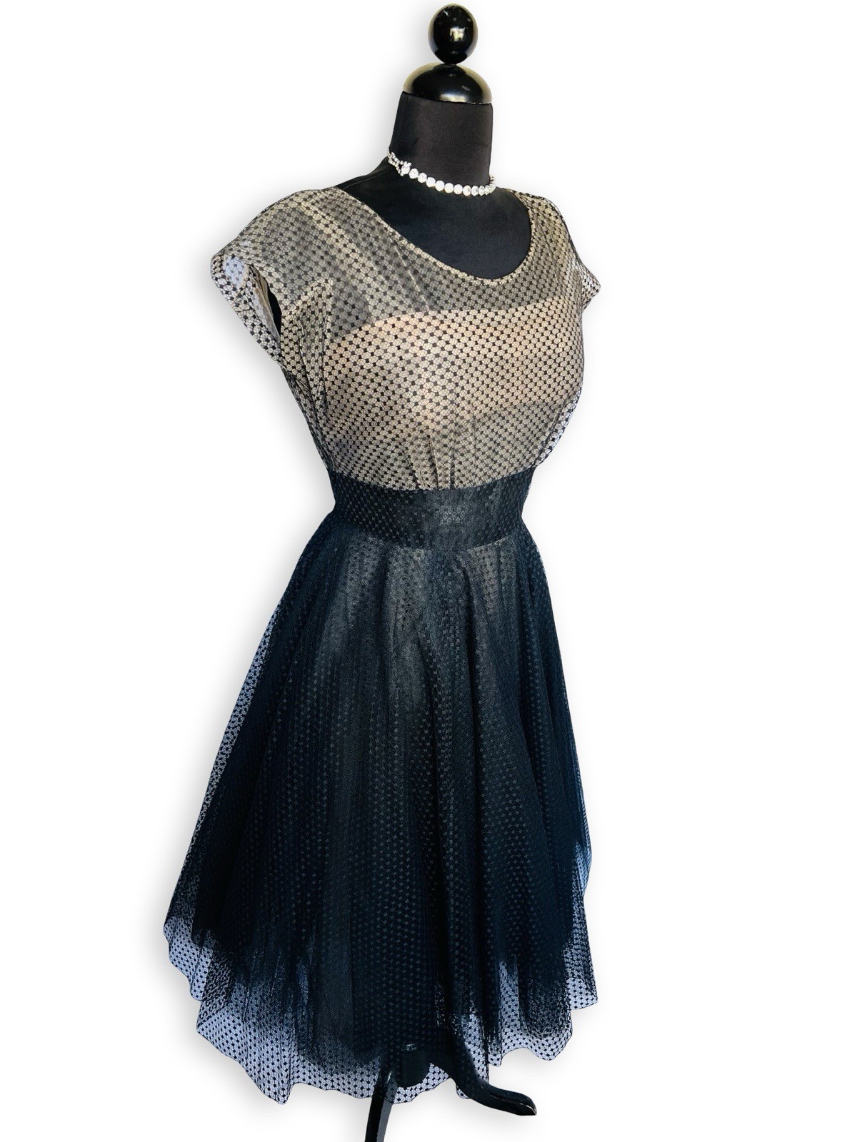 Vintage Nettie Rosenstein Bonwit Teller 1950s Nude Illusion Black Tulle Dress