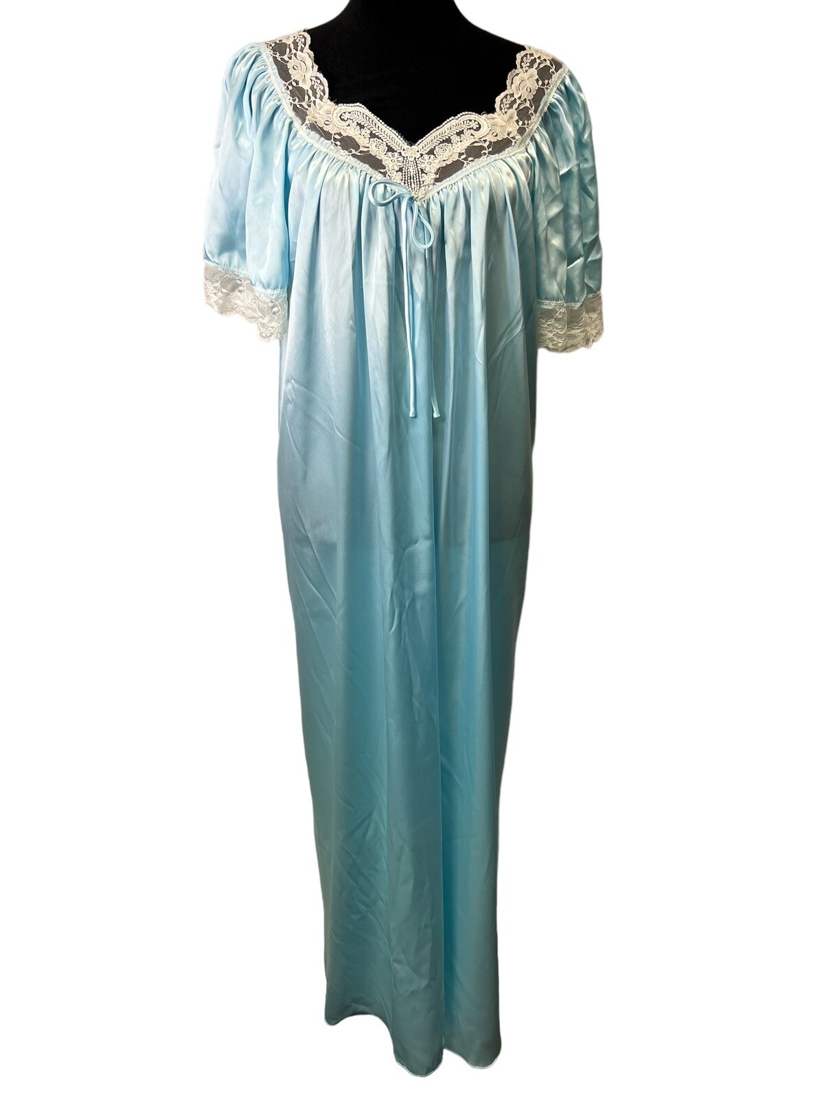 Vintage Go Softly Womens Blue Satin Short Sleeve Nightgown With Lace Trim Medium
