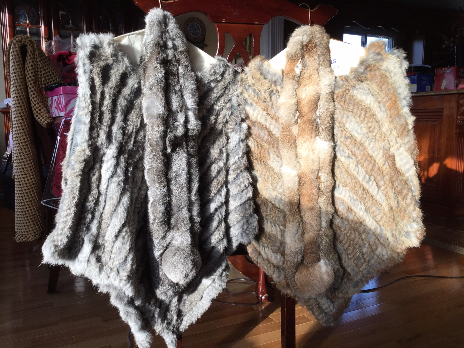 Rabbit FUR PONCHO Shawl Pullover HIPPIE BOHO COWGIRL, Tan or Grey