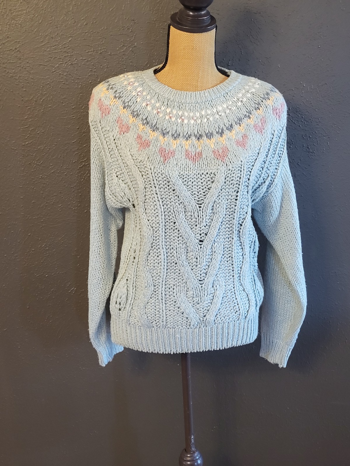 JJ Fargo Vintage Handknit Acrylic Blend Gray/Blue Pullover Sweater Medium