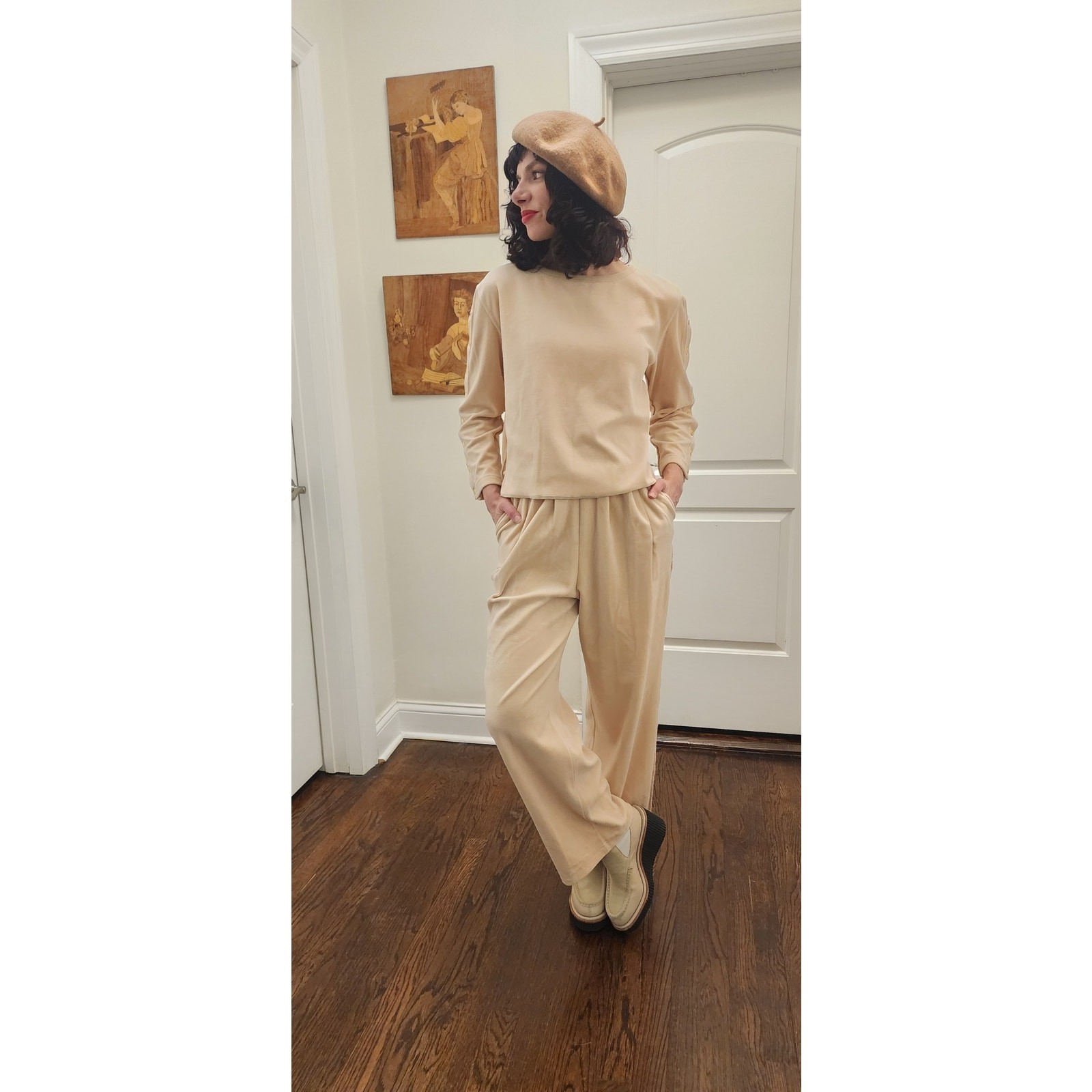 Vintage 90s Sonia Rykiel Velour Track Suit Beige w/Gold Buttons