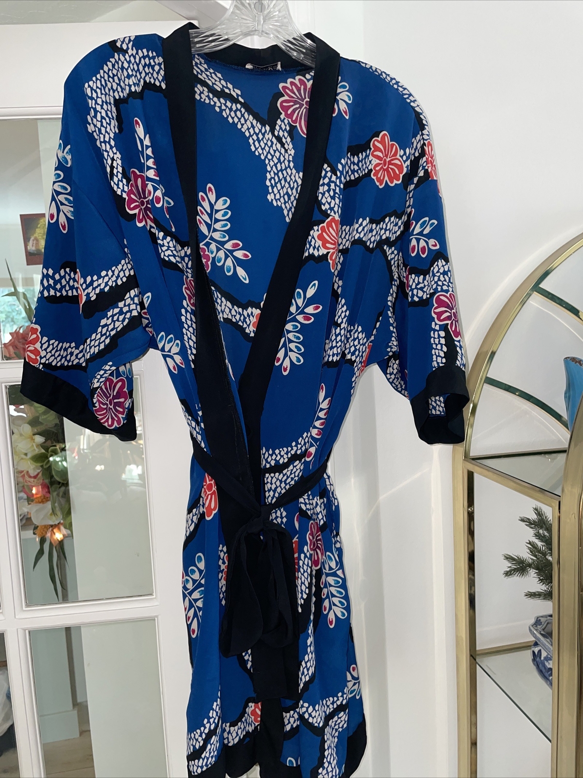 Women’s Vintage CHRISTIAN DIOR ROBE Belted Kimono Blue Small To Medium