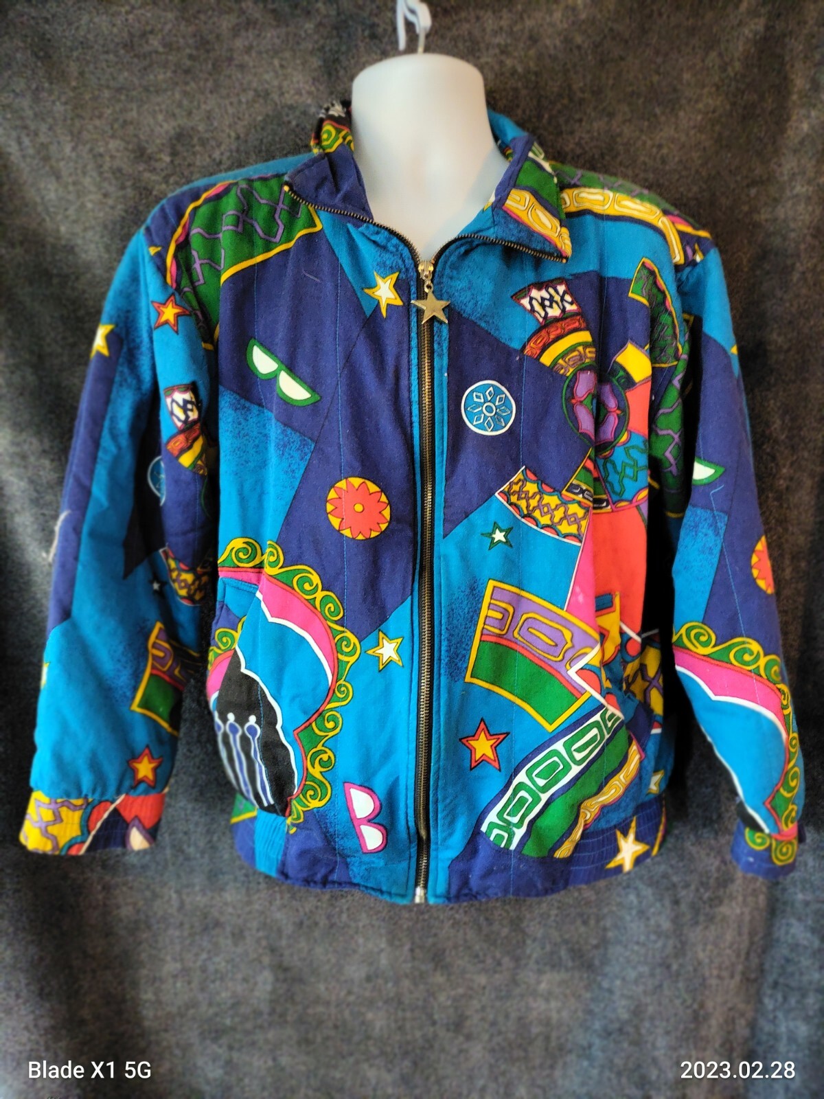 Vintage Hip Hop 80’s Retro Style large Colorful Geometric Light zip up Jacket