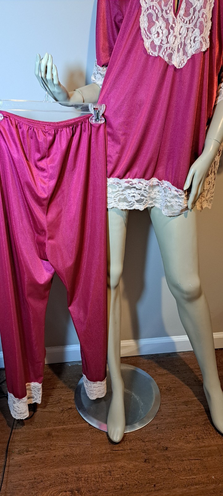 Maroon Wine Red Vtg Hostess Lounge Tunic Pajamas L Xl Beautiful Beige Lace Must