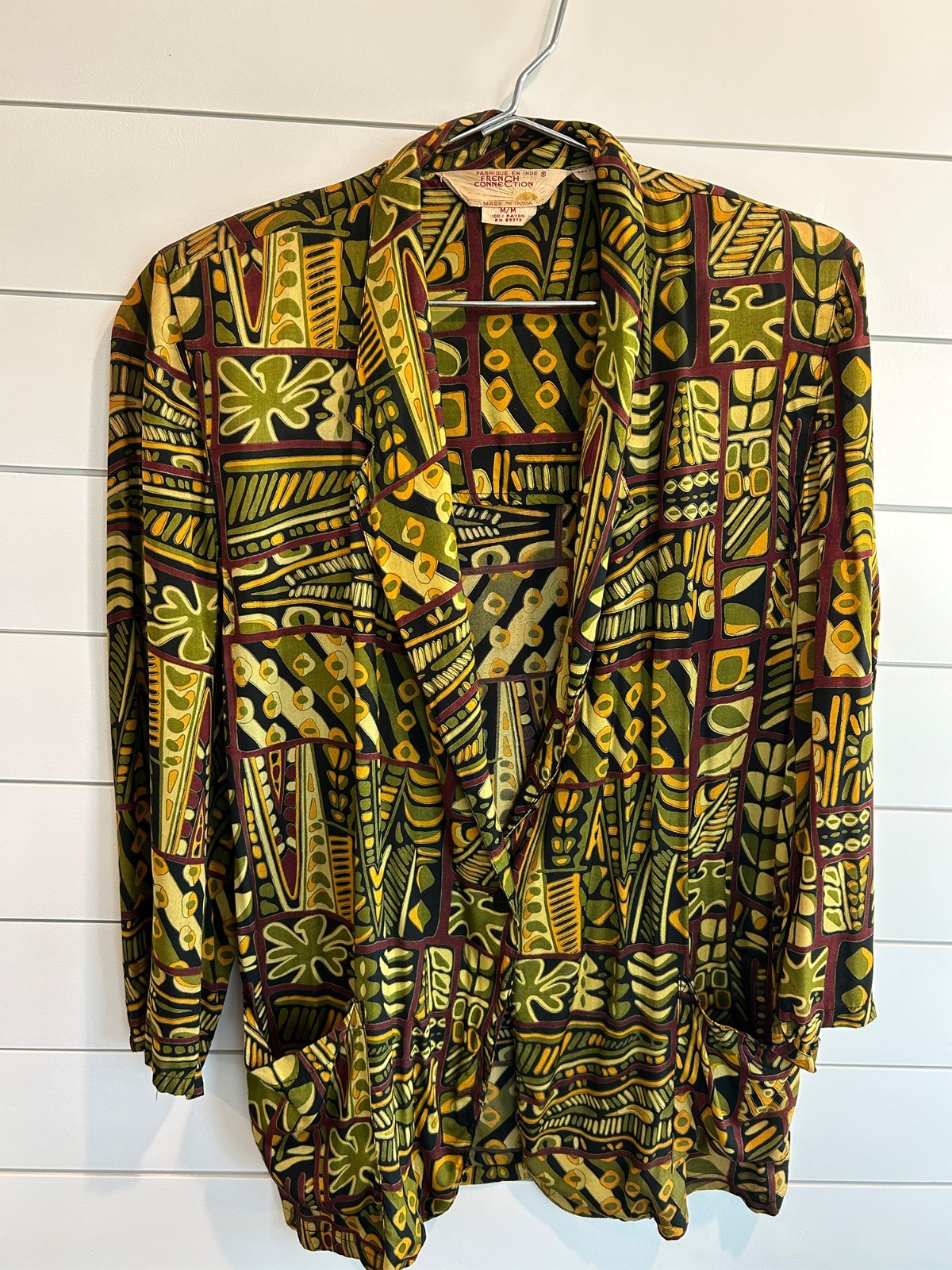 Vintage FRENCH CONNECTION Rayon Blazer M Made in India Abstract Art Print Boho