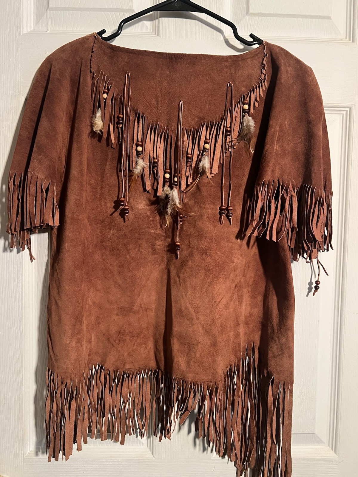 Vintage Brown Suede Native Tribal Style Fringe Tassels Beads Top Womens Small