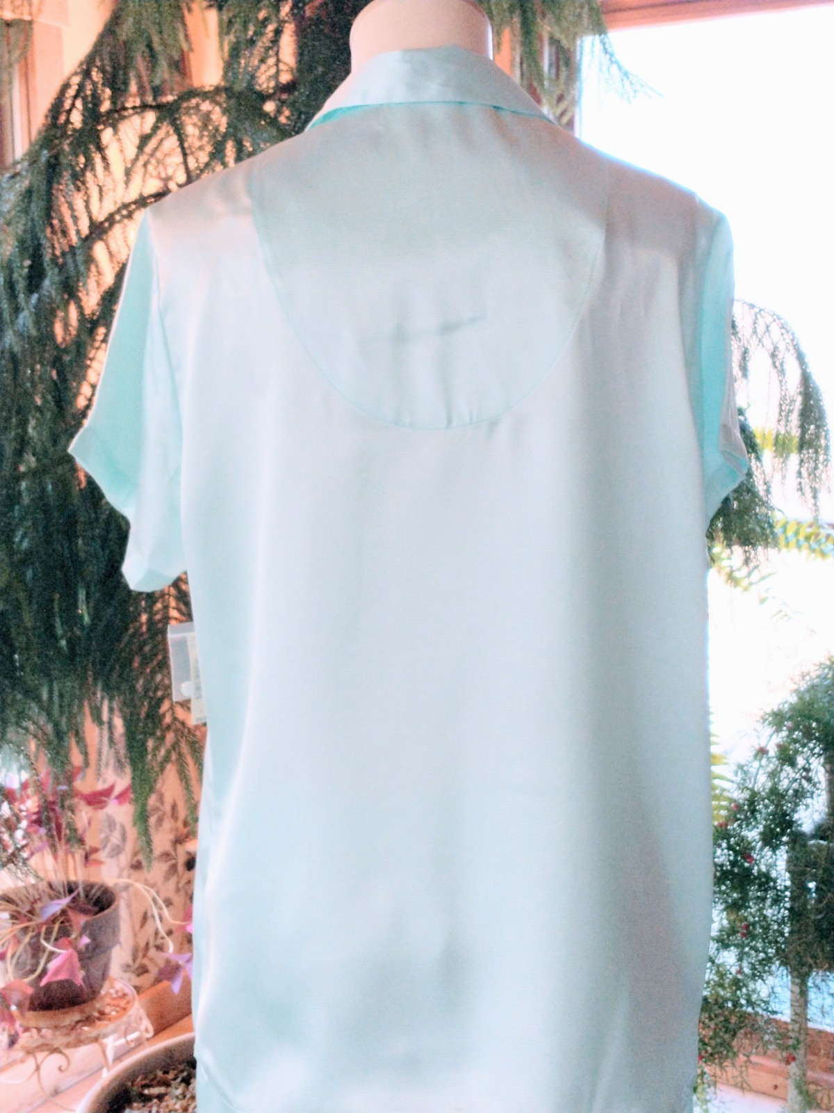Vintage Adonna Pajama Set Pale Aqua Short Sleeve w Pocket Satin Poly Sz LG NWT