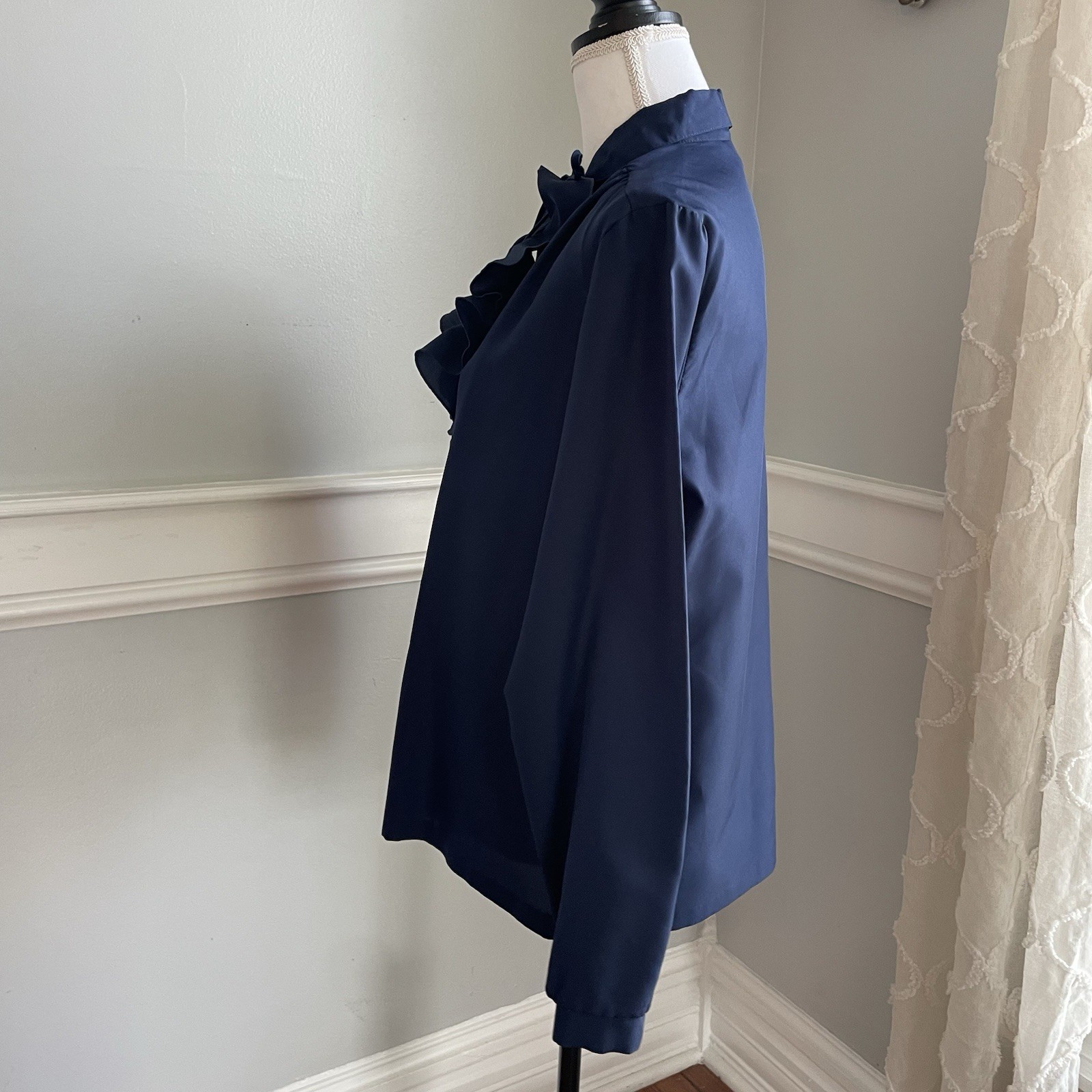 Vtg 60s Ship ’n Shore Navy Blouse Size 16 Detachable Ruffle Bow Tie Button Up