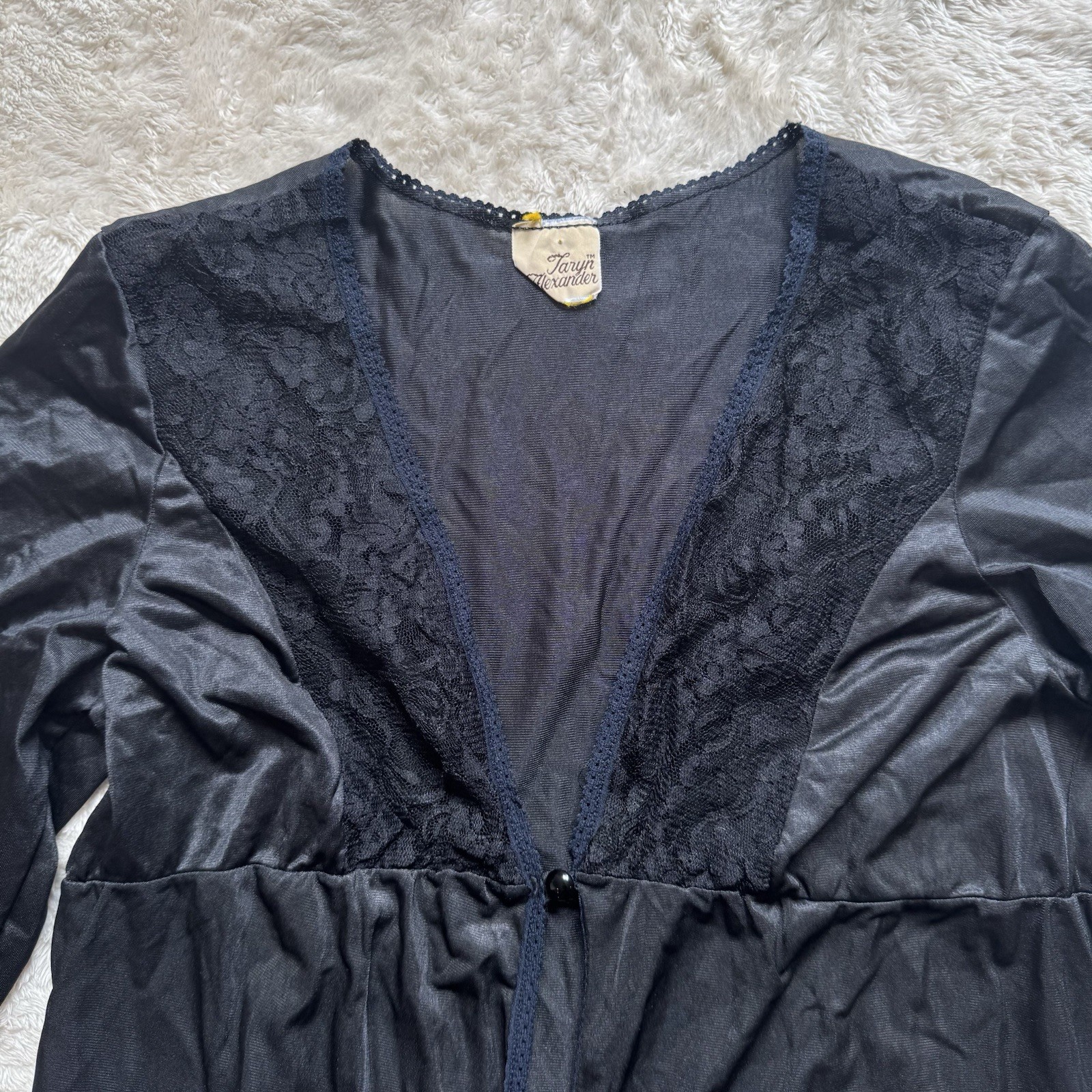 Taryn Alexander Vintage Black Long Lace Trim Nylon Nightgown Robe. Sz M