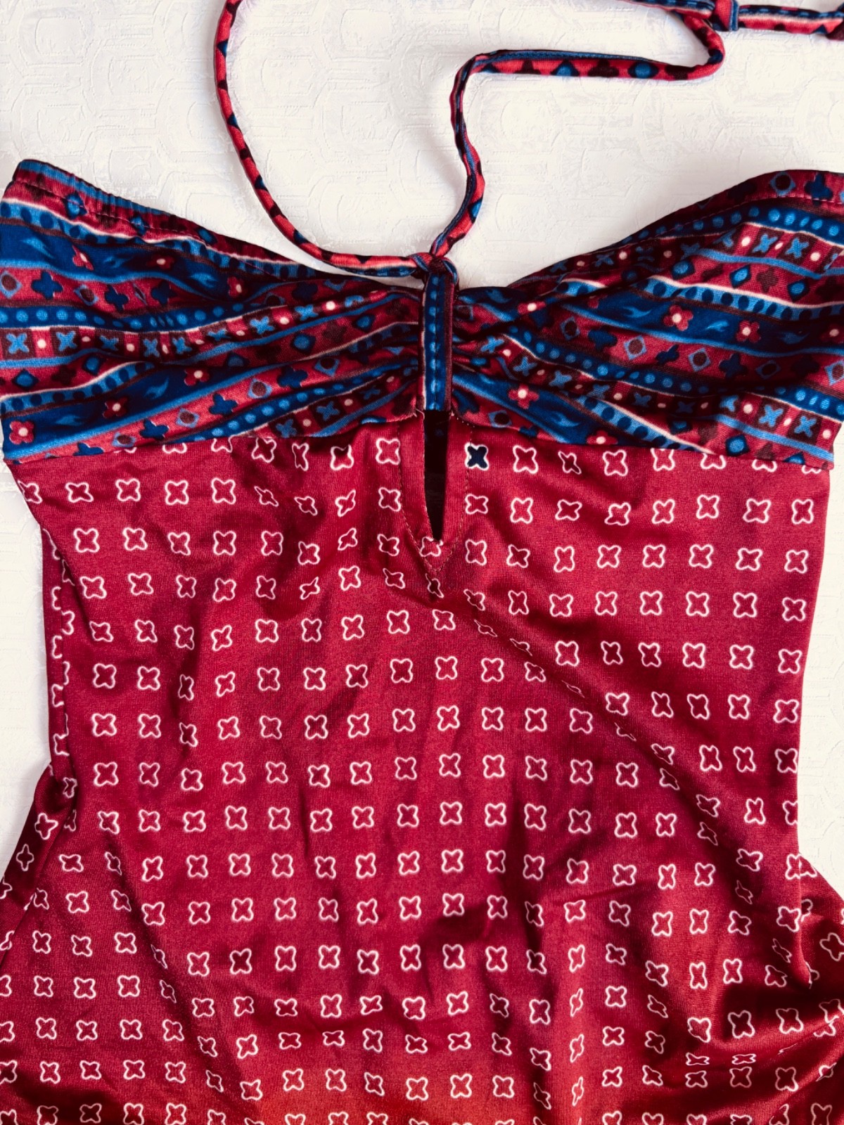 VTG 70’S DISCO BOMBSHELL COLE TERRACOTTA RED&BLUE RUCHED ONE PIECE SWIMSUIT*XS/S