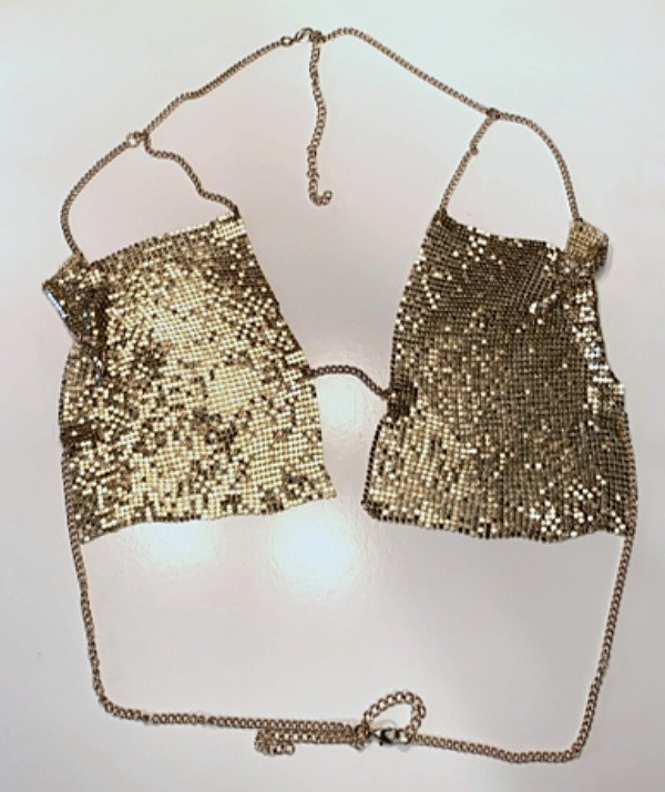 VTG 1980s Gold Mesh Backless Halter Top Bra Style Shoulders w/ Back Chain Size S